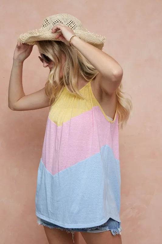 BiBi Triblend Knit Color Block Halter Neck Top - Women's Fashion Casual T-Shirt for Summer, Beach & Party Outfits
