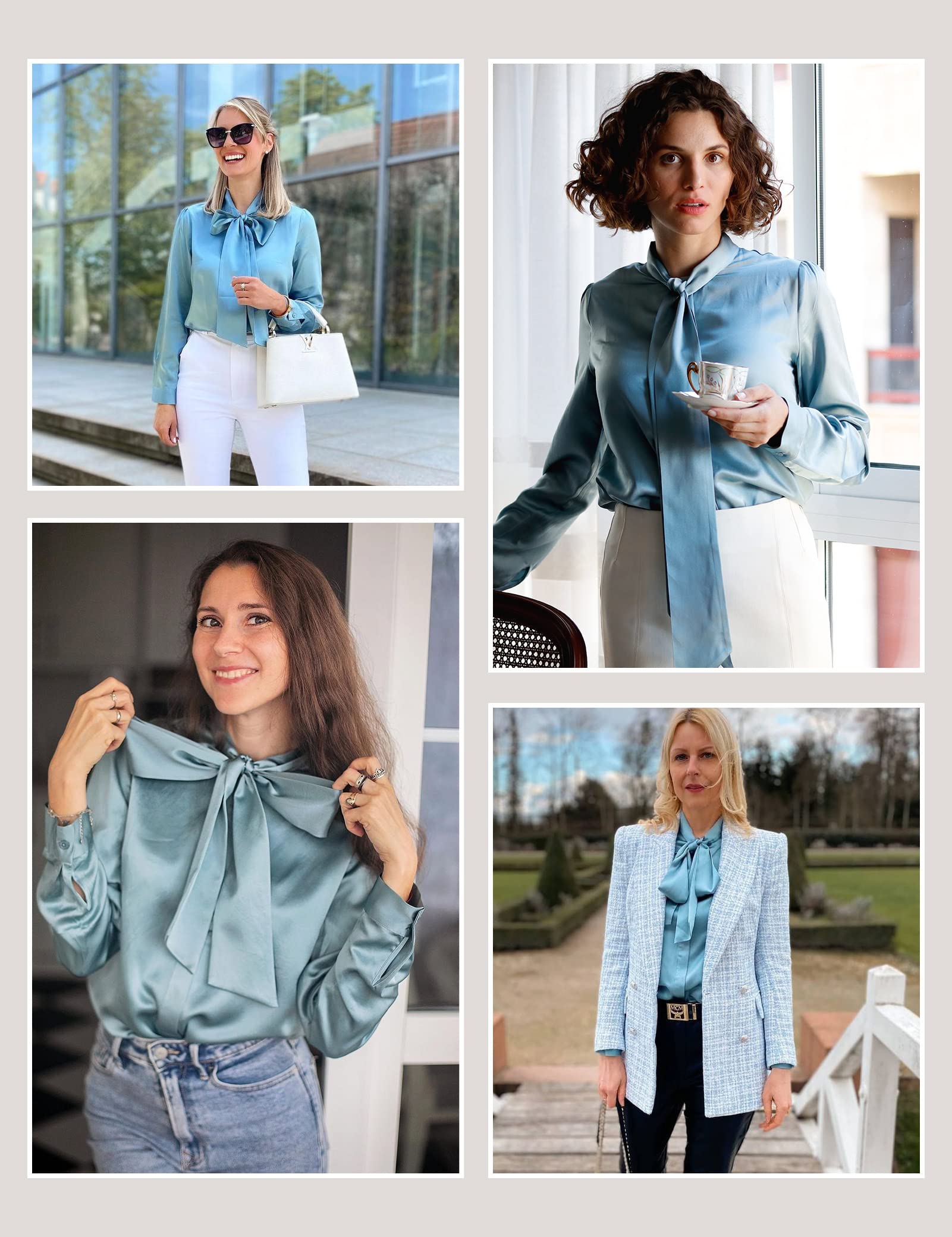 LilySilk Women's Vintage Bow Tie Neck Long Sleeve Silk Blouse - 100% Pure Silk Button Down Shirt for Office, Date Night & Special Occasions