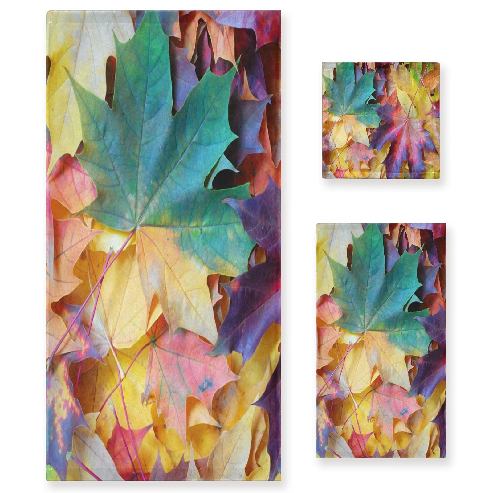 Fall Leaves Bath Towel Set of 3 - Soft Absorbent 1 Bath Towel, 1 Hand Towel & 1 Washcloth for Bathroom, Kitchen, Hotel, Gym, Swim & Spa | Autumn Decor & Summer Beach Theme