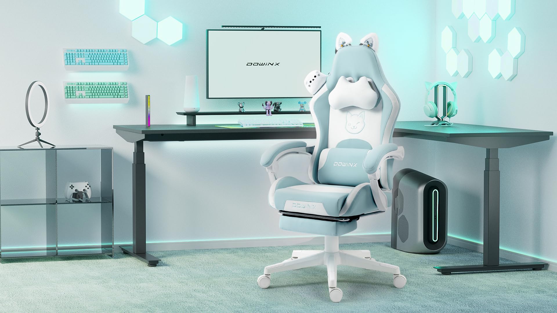 Dowinx Ergonomic Gaming Chair with Cat Ears - Massage Lumbar Support & Adjustable Footrest - Blue Green Computer Chair for Women, Teens & Adults (290lbs Capacity) - Perfect for Esports, Streaming & Home Office Setup