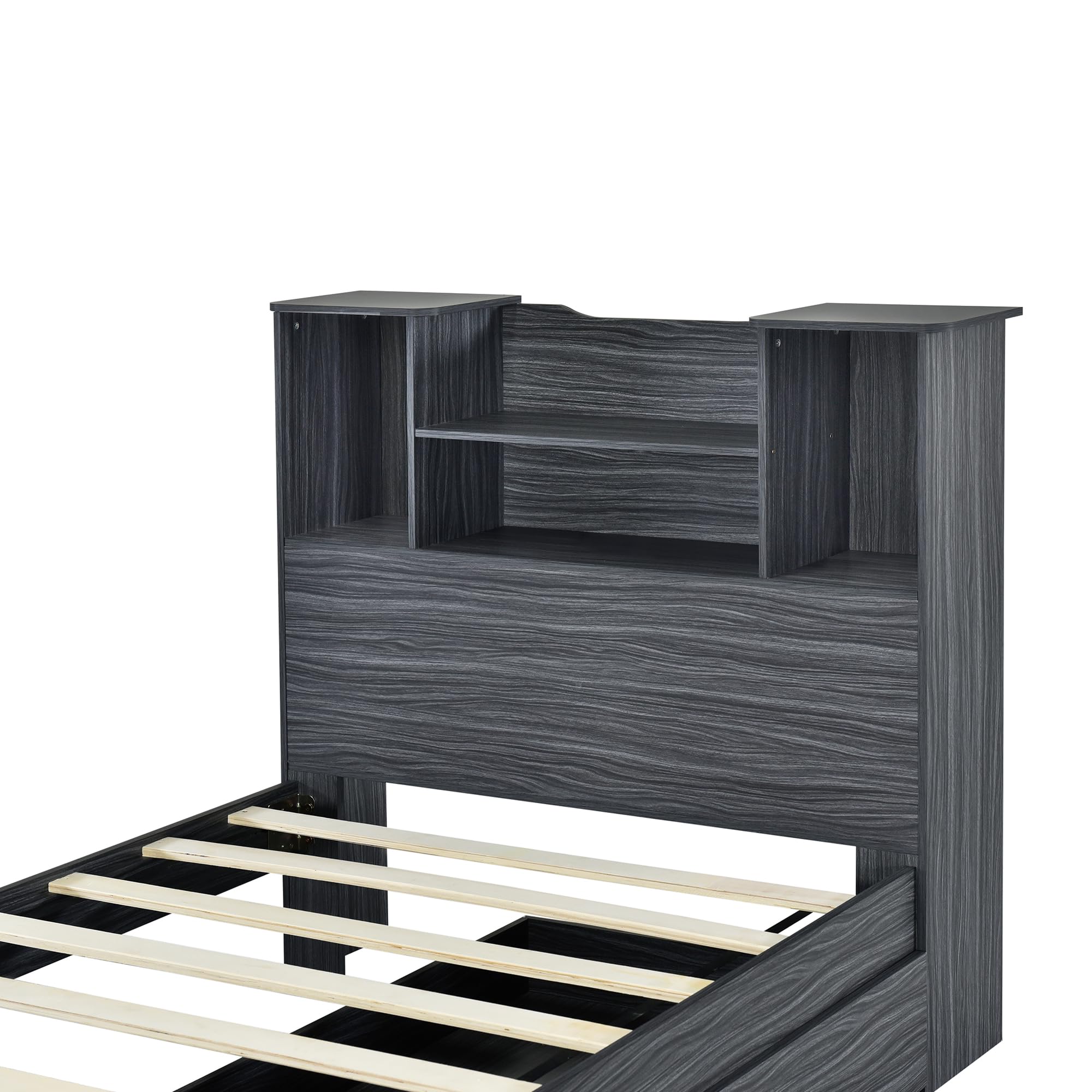 P PURLOVE Twin Size LED Light Bed Frame with Storage Headboard & Drawer - Solid Wood Platform Bed with Slats for Kids, Teens & Adults in Gray - Perfect for Small Bedrooms, Dorm Rooms & Guest Rooms