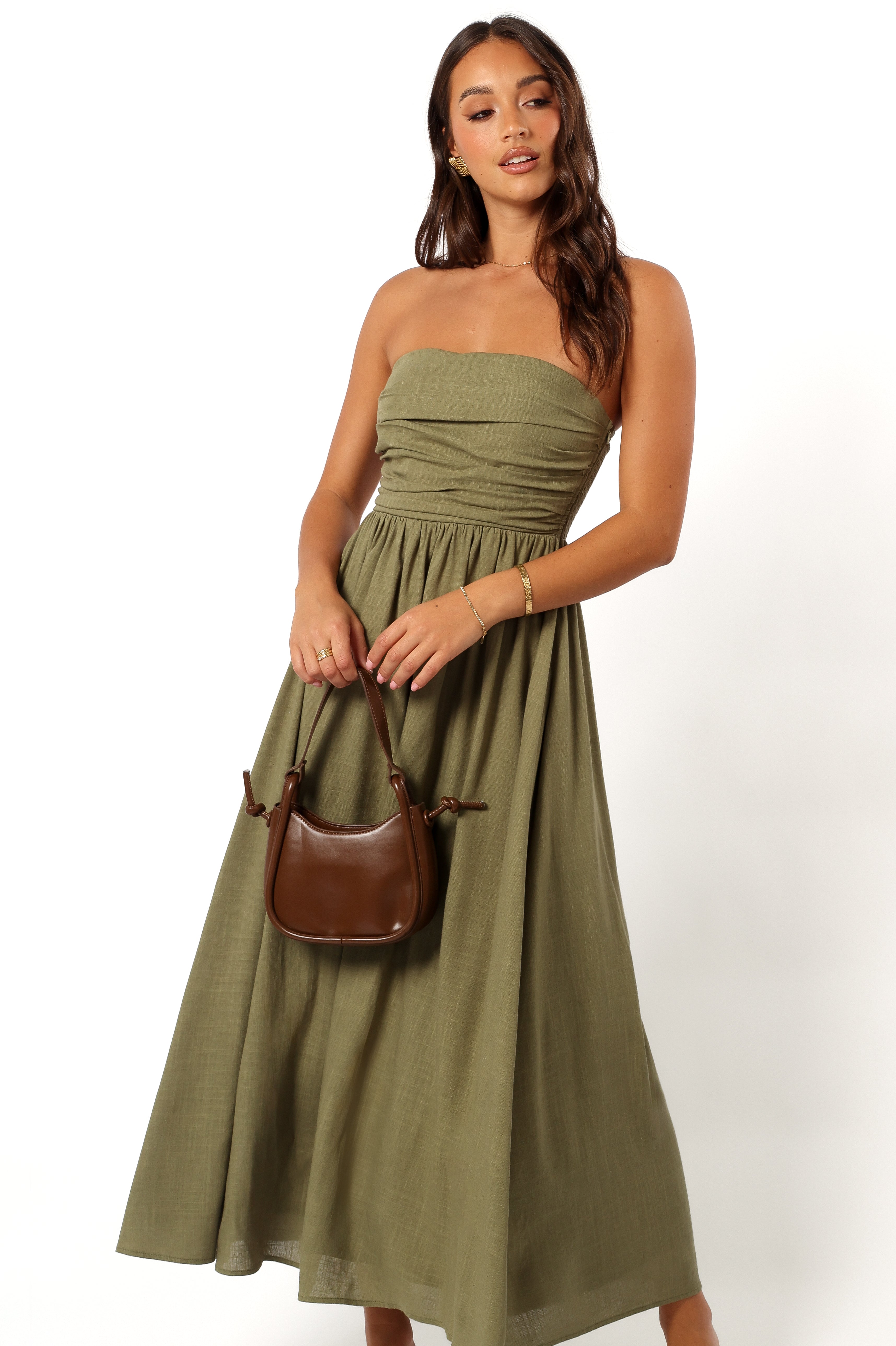 Kayt Strapless Dress - Olive Green Sleeveless Bodycon Mini Dress for Women | Perfect for Parties, Weddings & Night Out