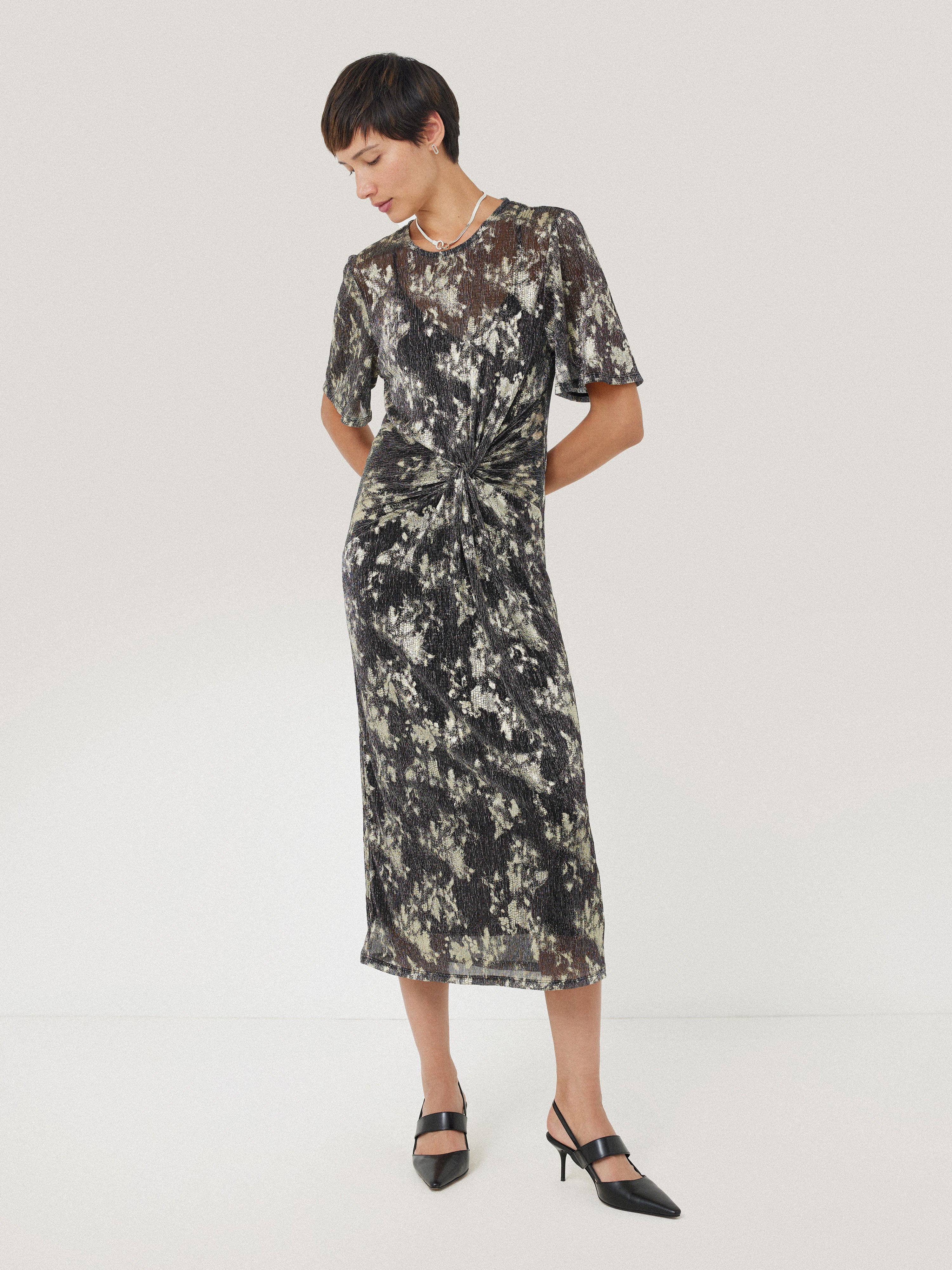 Elegant Metallic Knot Front Dress in Gold - Perfect for Evening Parties, Weddings & Special Occasions