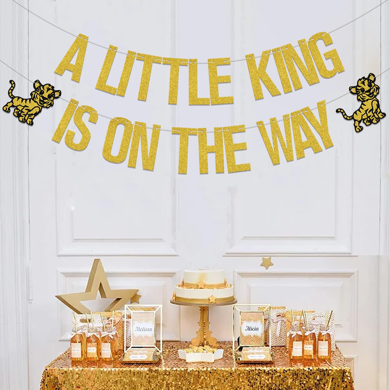 Little King Banner - Gold & Black Glitter Lion King Baby Shower & Birthday Party Decorations | Nursery Wall Decor, Gender Reveal, First Birthday Theme Party Supplies