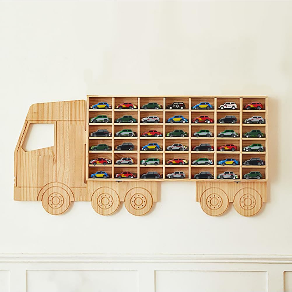1/64 Scale Wooden Toy Car Display Rack - Holds 42 Diecast Model Cars | Freestanding or Wall-Mounted Storage Cabinet | Perfect for Collectors, Kids' Room Decor & Car Showcase