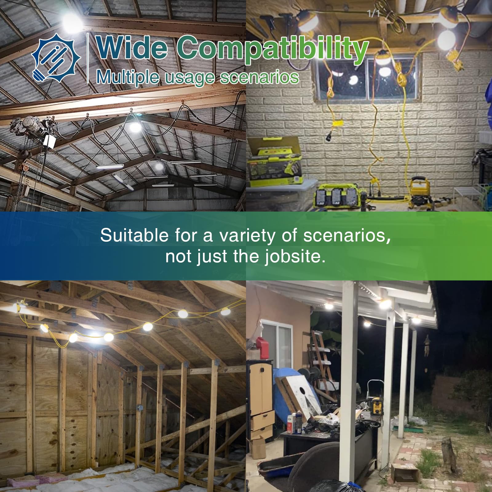 100FT Construction String Lights - 100W 12000LM IP65 Weatherproof Linkable Jobsite Work Light with 10 Replaceable Bulbs & Hanging Hooks | ETL Certified for Construction Sites, Warehouse, Backyard, Patio, Camping & Outdoor Events