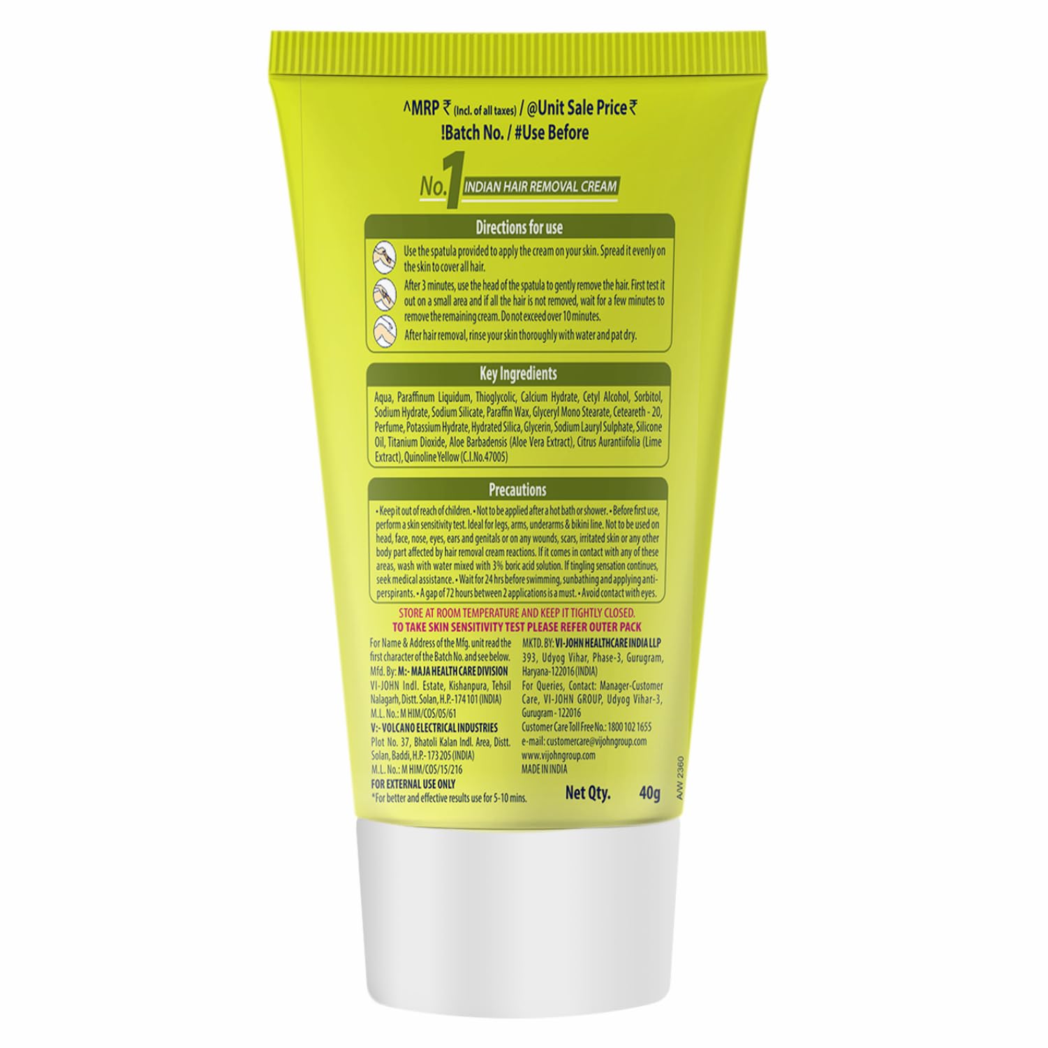 VI-JOHN Feather Touch Lime & Aloe Vera Hair Removal Cream for Dry Skin - Gentle Depilatory for Legs, Underarms, Bikini Line & Arms (40g) | Painless Hair Remover for Smooth Skin at Home