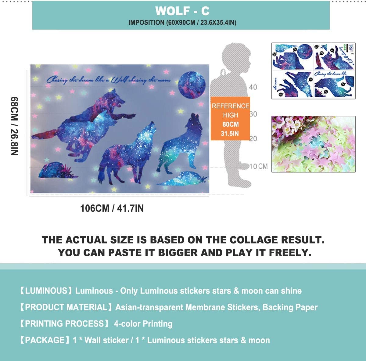 Galaxy Wolf Wall Decal & Glow in the Dark Moon Star Stickers - Space Themed Room Decor for Teens & Kids Bedroom, Nursery, Dorm - Self-Adhesive Removable Wall Art Murals