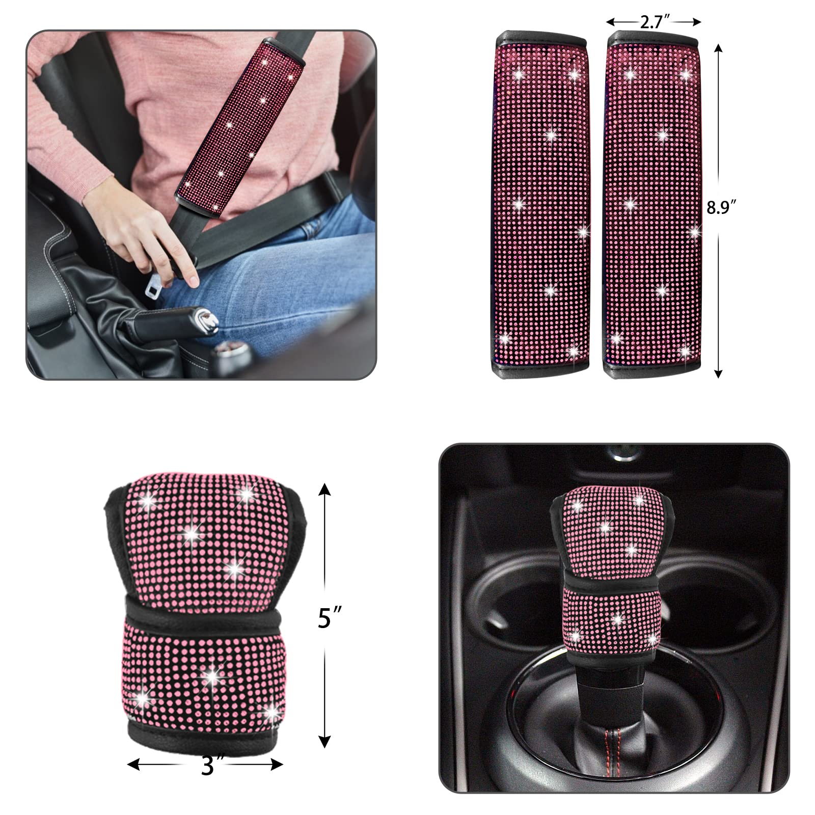 18-Piece Rhinestone Car Accessories Set - Sparkling Seat Belt Covers, Handbrake Cover, Dual USB Charger, Gear Shift Cover, Coasters & Glasses Holder - Pink Crystal Decor for Women's Car Interior Upgrade (Perfect for Gifts, Commuting & Road Trips)