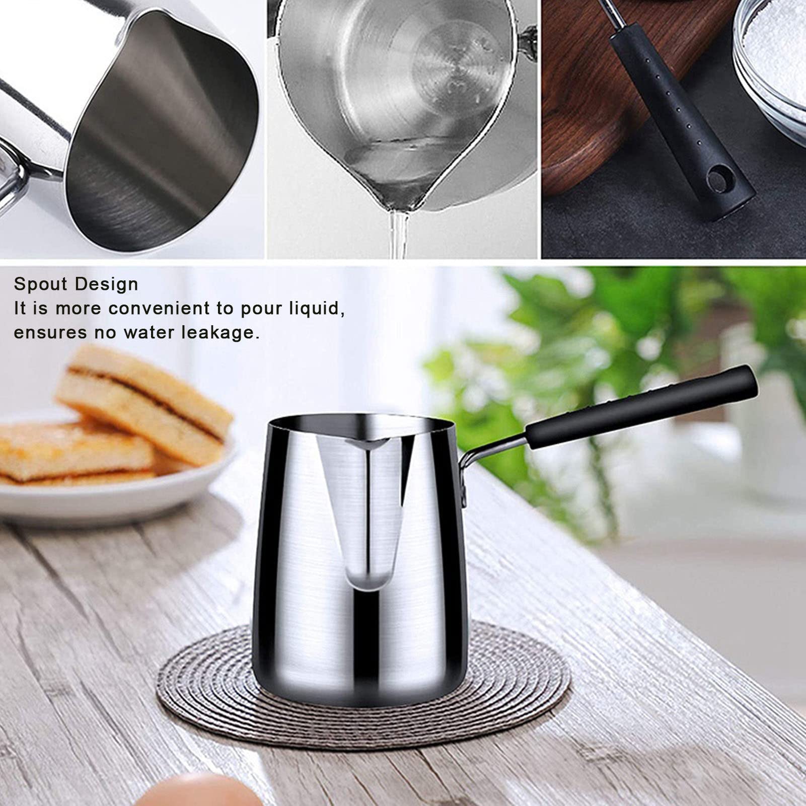 2pcs Stainless Steel Milk Butter Warmer Pot - 350ml/12oz Turkish Coffee Pot with Spout for Maple Syrup, Sauce Heating & Milk Boiling - Perfect for Kitchen, Camping & Coffee Shops