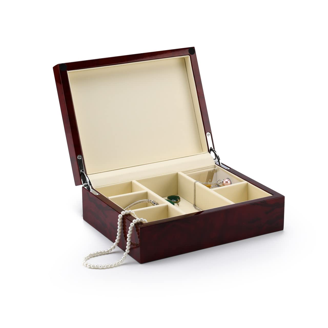 Contemporary 30-Note Hi-Gloss Burl Wood Finish Jewelry Music Box with Jingle Bells - Perfect for Christmas Gifts, Home Decor & Jewelry Storage
