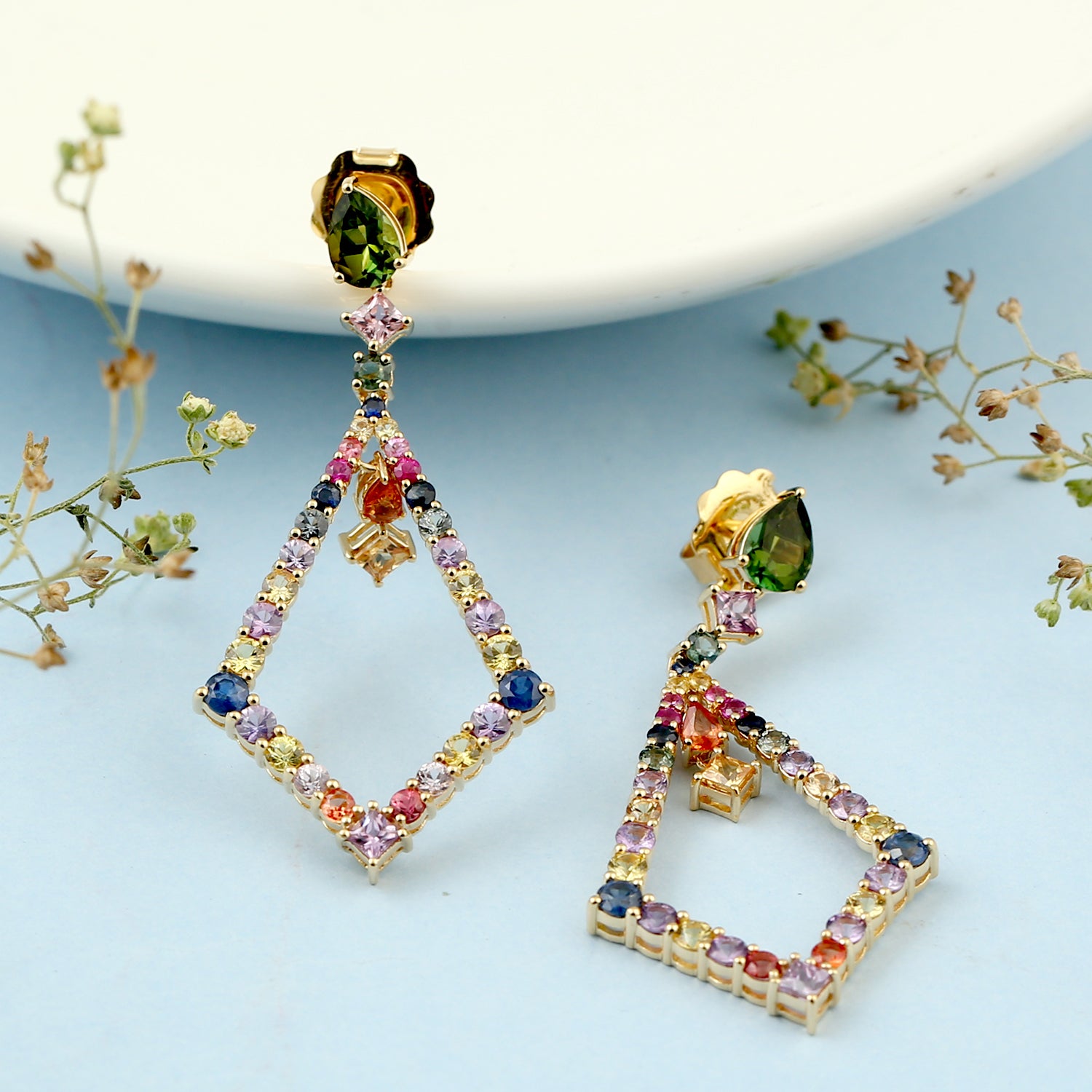 18K Yellow Gold Green Pear Tourmaline & Rainbow Sapphire Dangle Earrings - Perfect for Weddings, Parties & Special Occasions