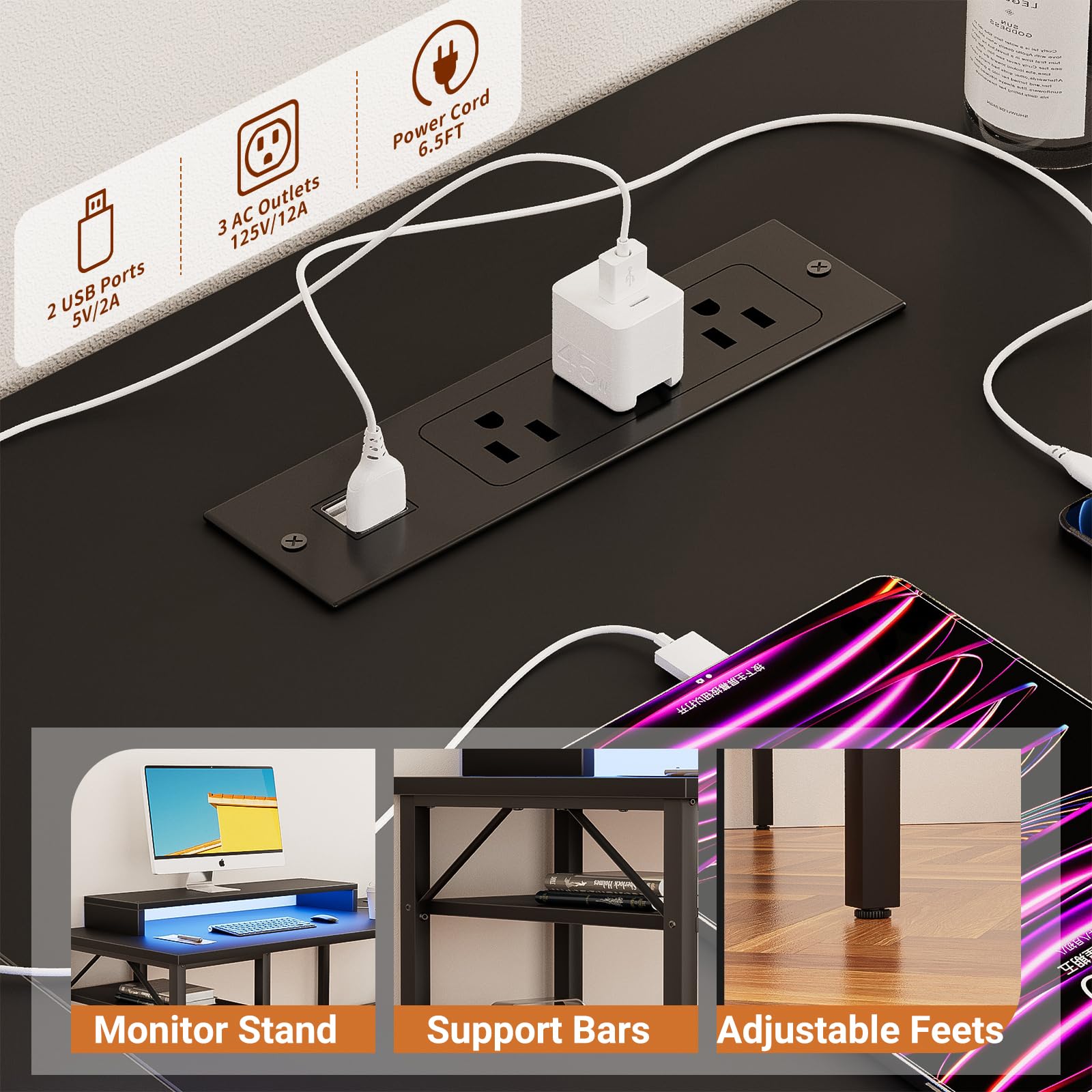 Reversible L-Shaped Desk with USB Power Outlets & LED Light - Sturdy Corner Computer Desk with Monitor Stand & Storage Shelves - Gaming & Home Office Desk - Easy Assembly - Black - Perfect for Small Spaces & Multi-Monitor Setups