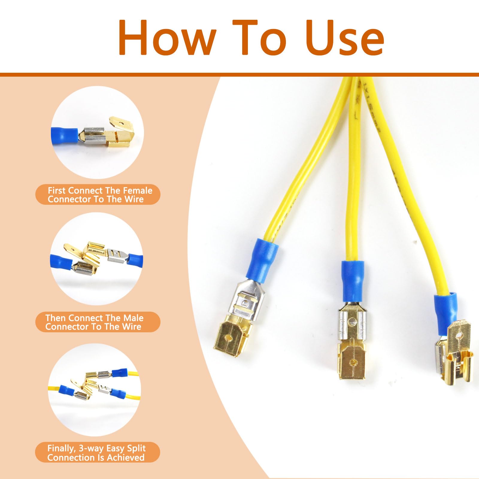60 PCS Non-Insulated Brass Piggyback Spade Connectors - Female Male Quick Disconnect Wire Terminals with 3 Way Adapter | Gold Plated for Enhanced Conductivity | Perfect for Automotive, Home Appliances & DIY Electrical Projects