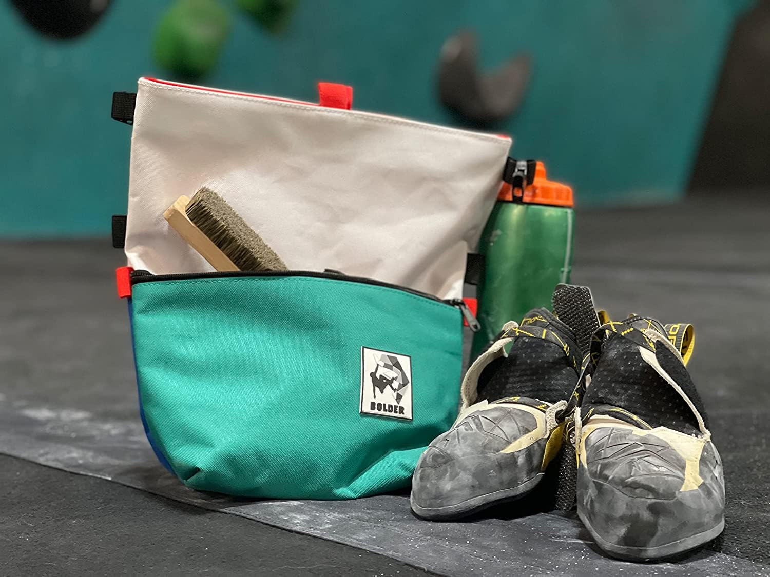 SESH Large Chalk Bucket for Rock Climbing & Bouldering - Magnetic Closure, 4 Brush Holders, 2 Mesh Side Pockets - Durable Chalk Bag for Indoor/Outdoor Climbing Gyms & Training