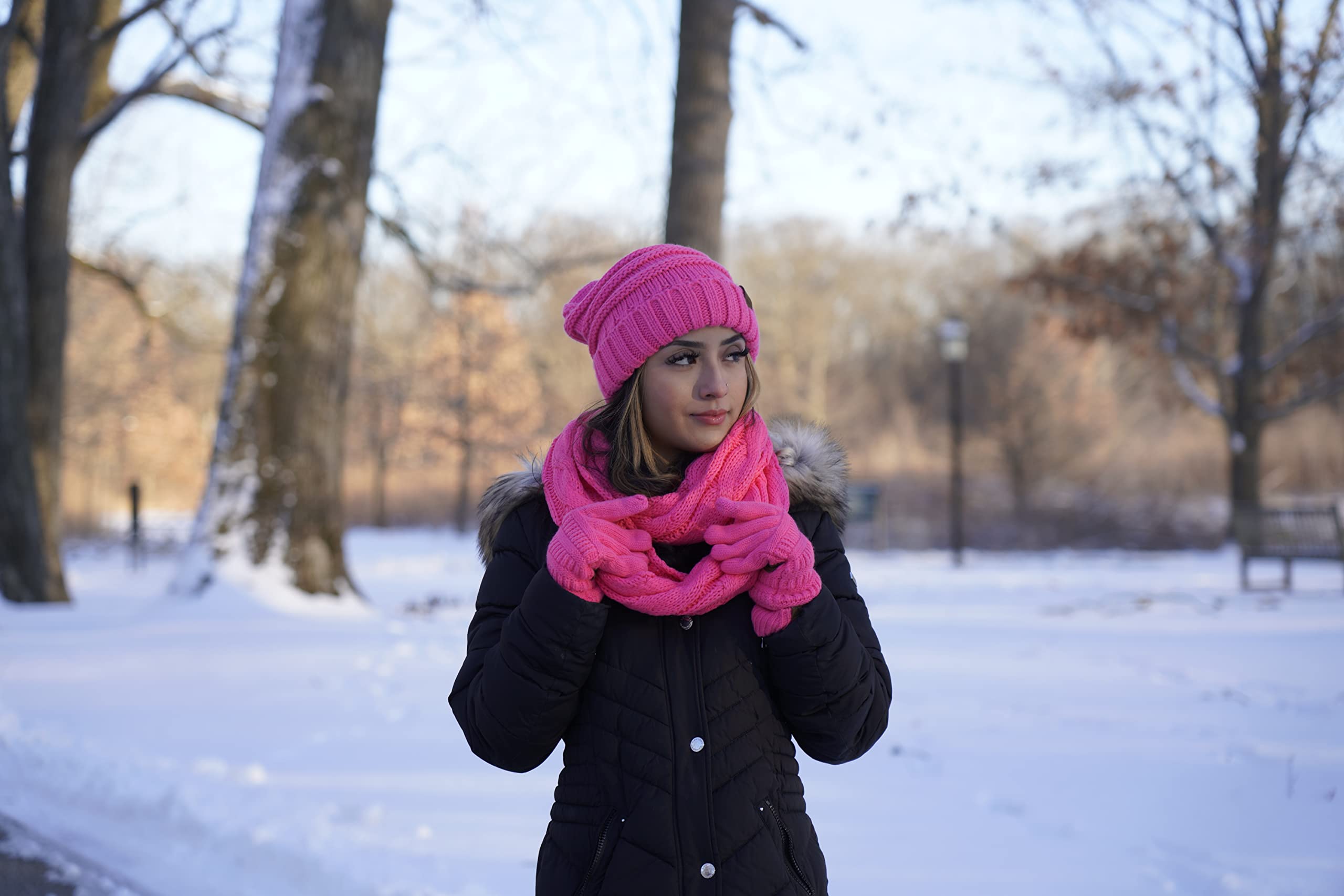 Funky Junque Oversized Beanie, Gloves & Scarf Set in Candy Pink - Winter Knit Hat, Warm Scarf & Cozy Gloves Bundle for Women - Perfect for Snowboarding, Skiing & Cold Weather Fashion