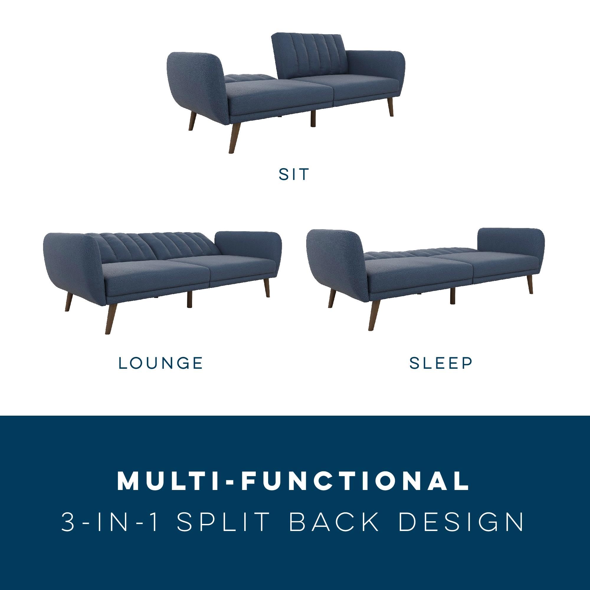 Novogratz Brittany Sofa Futon - Premium Linen Upholstery with Wooden Legs in Blue | Convertible Sleeper Sofa for Small Spaces, Living Room & Guest Room