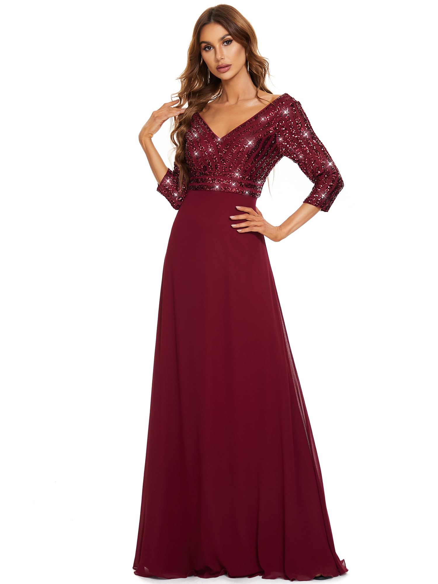 Ever-Pretty Women's Elegant V-Neck Long Sleeve Sequin Maxi Evening Dress - Formal Chiffon Gown for Prom, Wedding & Special Occasions