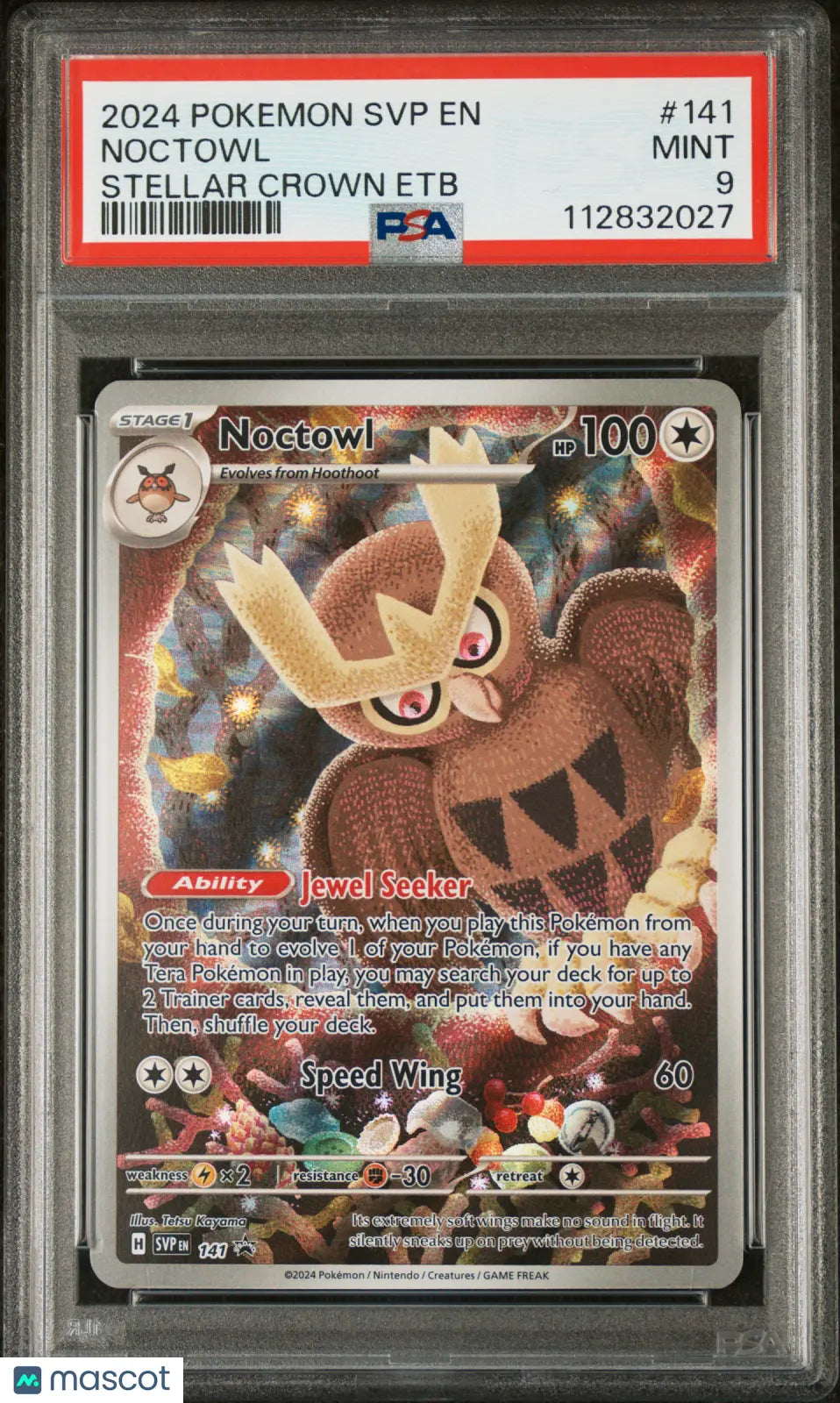 2024 Pokemon SVP EN SV Black Star Promo Noctowl #141 Stellar Crown ETB PSA 9 Graded Card - Perfect for Collectors, Gaming Tournaments & Pokemon TCG Battles