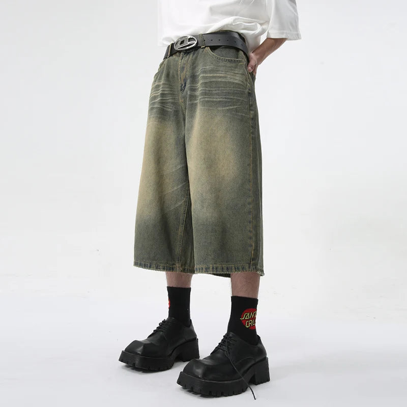 American Style Denim Shorts for Men - High Street Straight Calf-Length Jeans | Summer Fashion Casual Wear | Perfect for Outdoor Activities, Beach Trips & Street Style