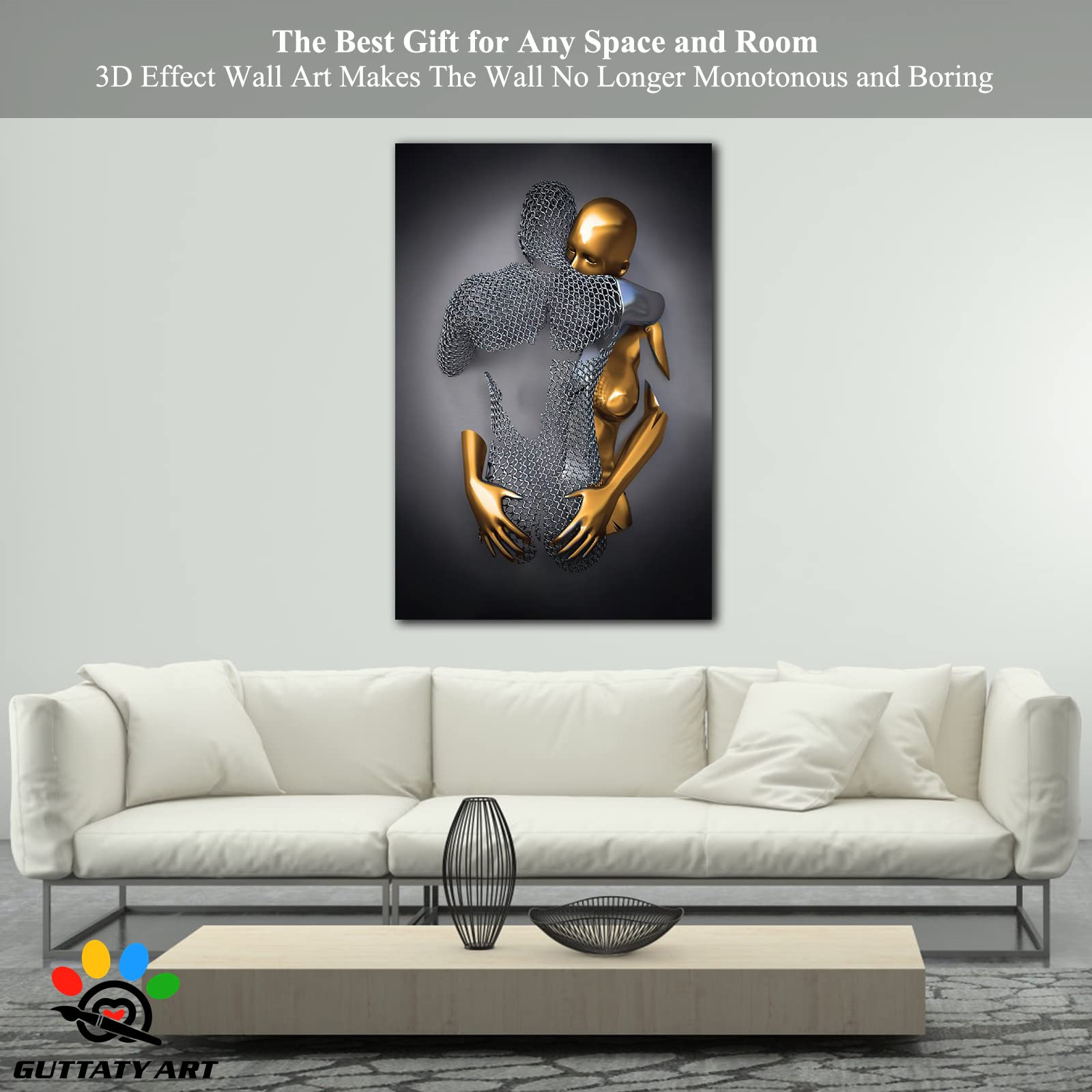 3D Metal Effect Love Heart Gray Wall Art - Romantic Hugging Couple Canvas Painting for Bedroom & Living Room Decor - Modern Valentine's Day Gift for Couples (28x40 Inches) - Perfect for Anniversary, Wedding & Home Interior Design