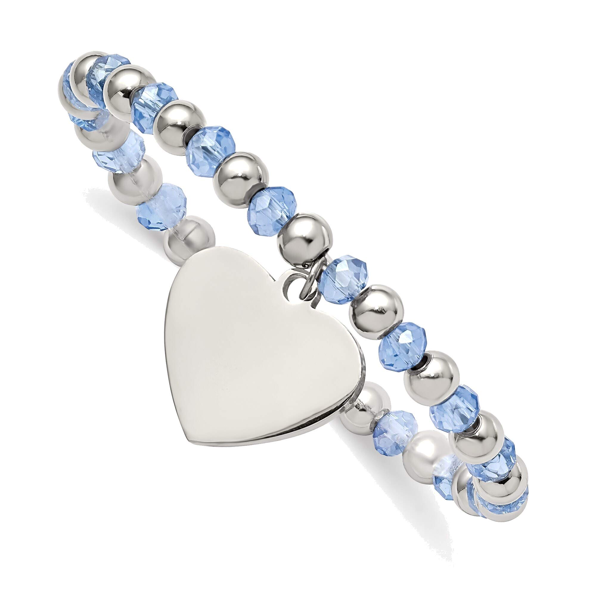 Bonyak Stainless Steel Heart Dangle Stretch Bracelet with Blue Glass Beads - Polished Jewelry for Women - Perfect for Valentine's Day Gifts, Anniversary Presents & Everyday Fashion Accessories