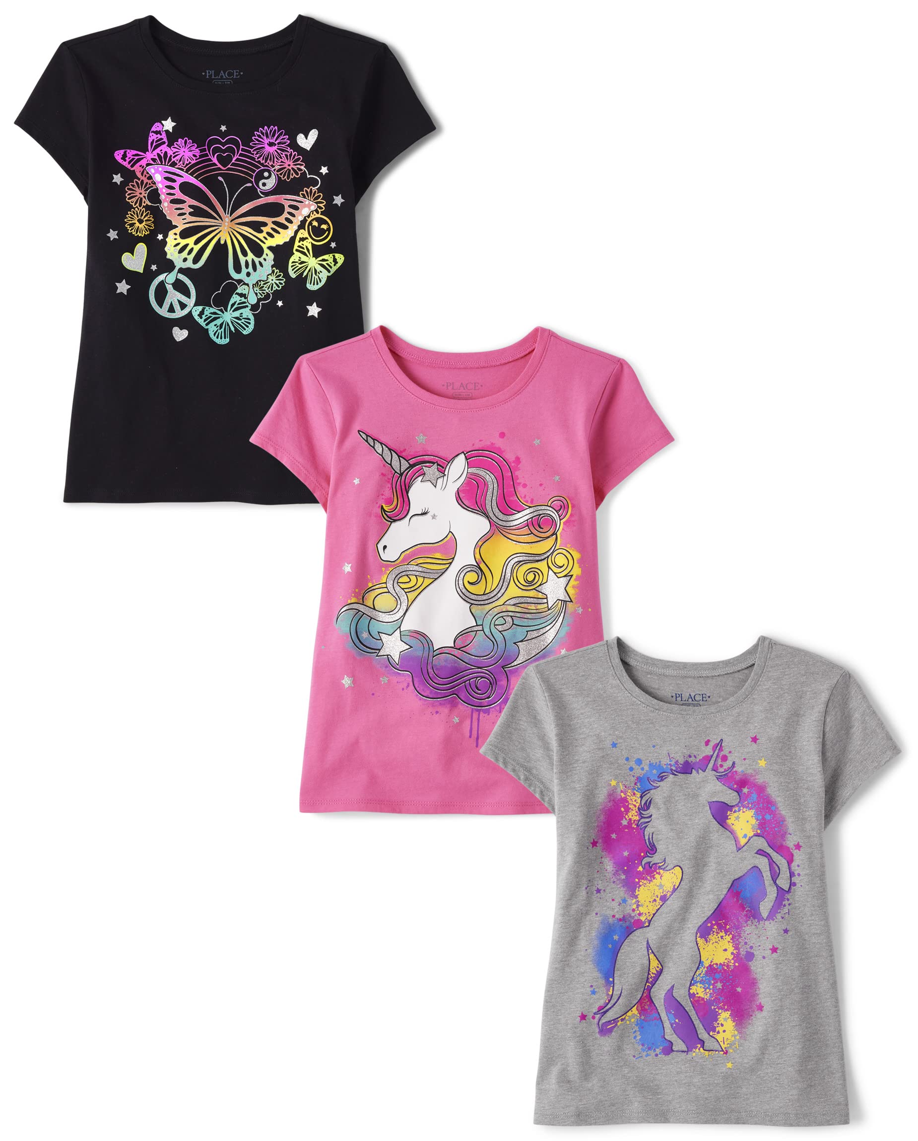 The Children's Place Girls' Unicorn Short Sleeve Graphic T-Shirts - 3 Pack Cute Cotton Tees for Playdates, School & Birthday Parties | Soft & Comfortable Kids Top