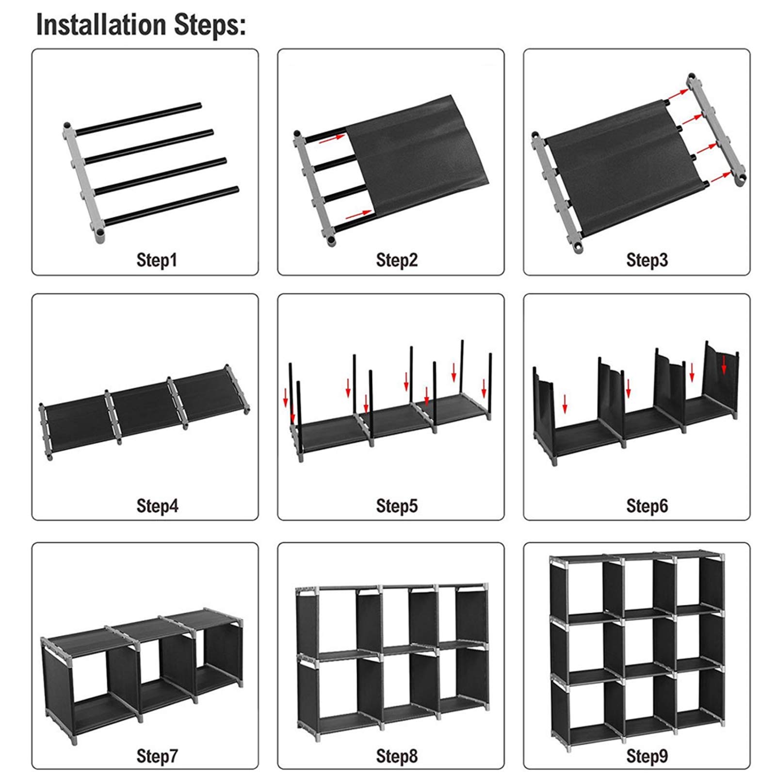9 Cube Storage Organizer - DIY Closet Cabinet & Bookshelf with Fabric Shelves for Home, Office, Bedroom - Perfect for Organizing Clothes, Toys & Office Supplies (Black, 3-9 Cube)