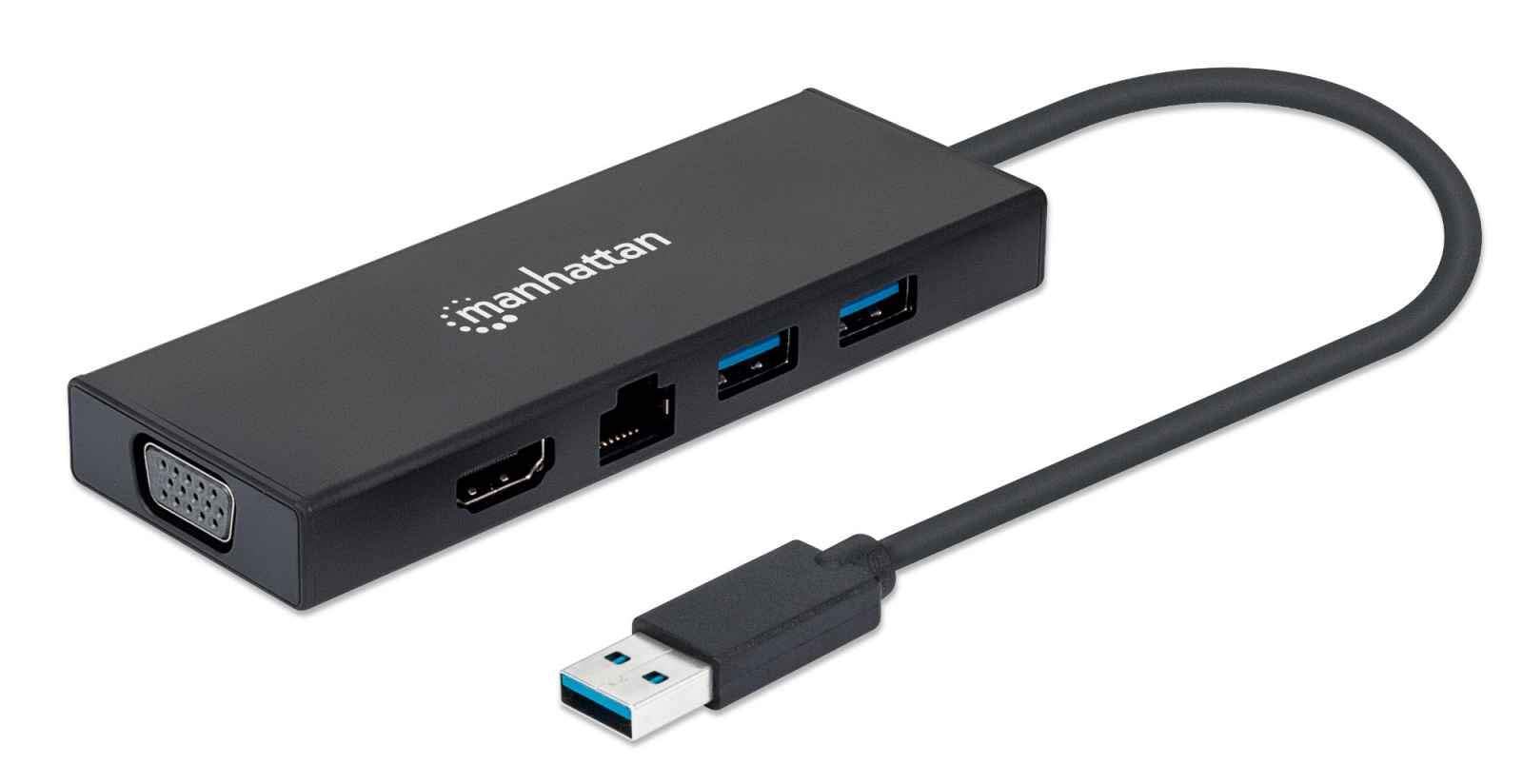 Manhattan 5-in-1 USB-A Hub with Ethernet, HDMI, 2 USB Ports & VGA - Dual Monitor Adapter for Laptop/PC - Portable Docking Station for Home Office & Business Travel