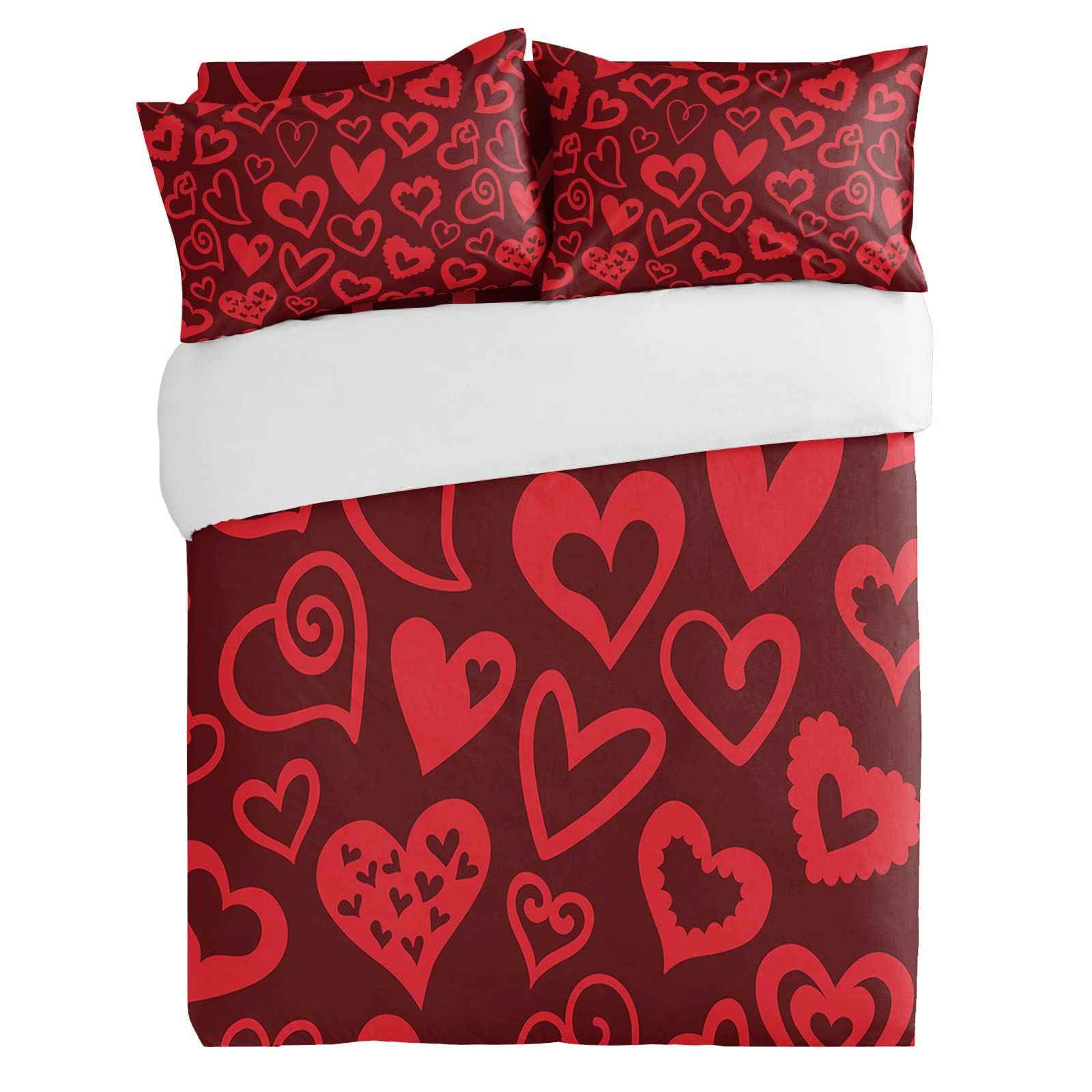 3 Pieces Valentine's Day Red Love Heart Duvet Cover Set - Cal King Size Luxury Soft Microfiber Quilt Cover with Pillowcases, Romantic Art Bedding for Couples - Perfect for Anniversary Gifts, Wedding Presents & Master Bedroom Decor