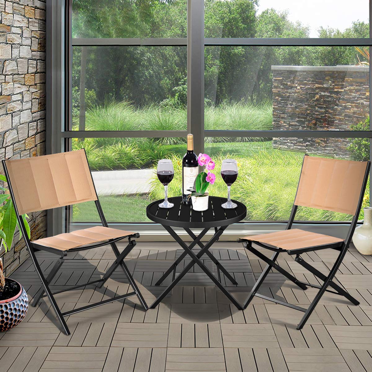 Giantex 3-Piece Patio Folding Table and Chairs Set, Outdoor Bistro Garden Furniture with Steel Frame - Perfect for Backyard, Deck, Balcony, and Poolside Relaxation