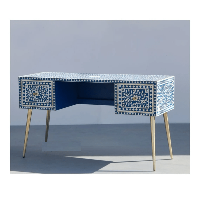 Handmade Exclusive Blue Bone Inlay Desk - Vintage Style Console Table for Home Office, Living Room & Entryway Decor