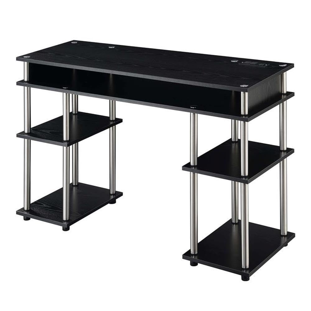 Modern Black Wood Finish Student Desk with Built-in Charging Station - Perfect for Small Spaces, Dorm Rooms & Home Office Study Areas