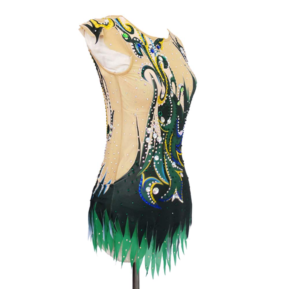 LIUHUO Girls Rhythmic Gymnastics Leotard - Emerald Green Shiny Rhinestone Performance Costume for Dance Competitions & Stage Shows