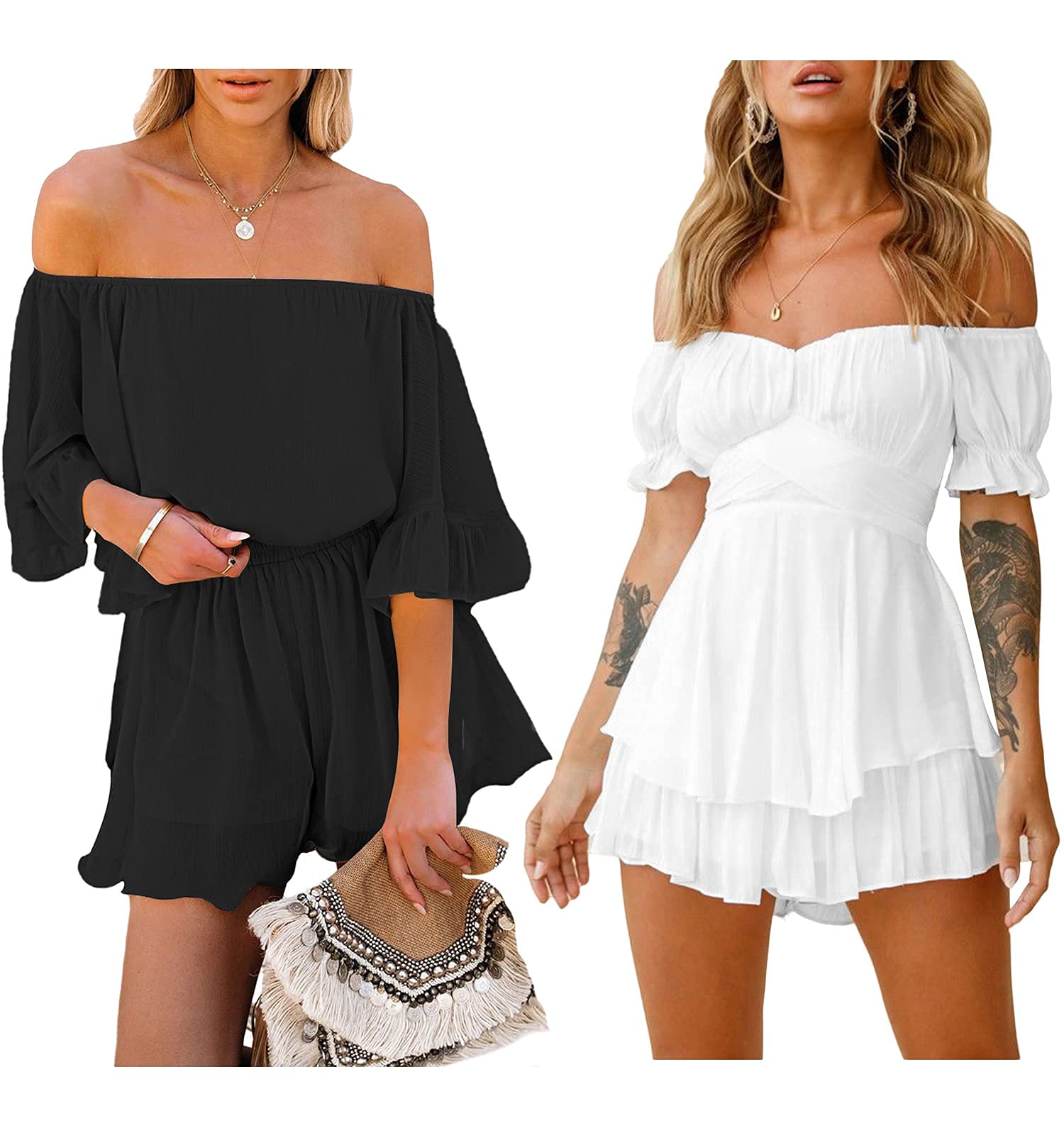 Fixmatti Women's Summer Chiffon Romper Playsuit with Shorts - Casual Jumpsuit for Beach, Vacation & Outdoor Activities