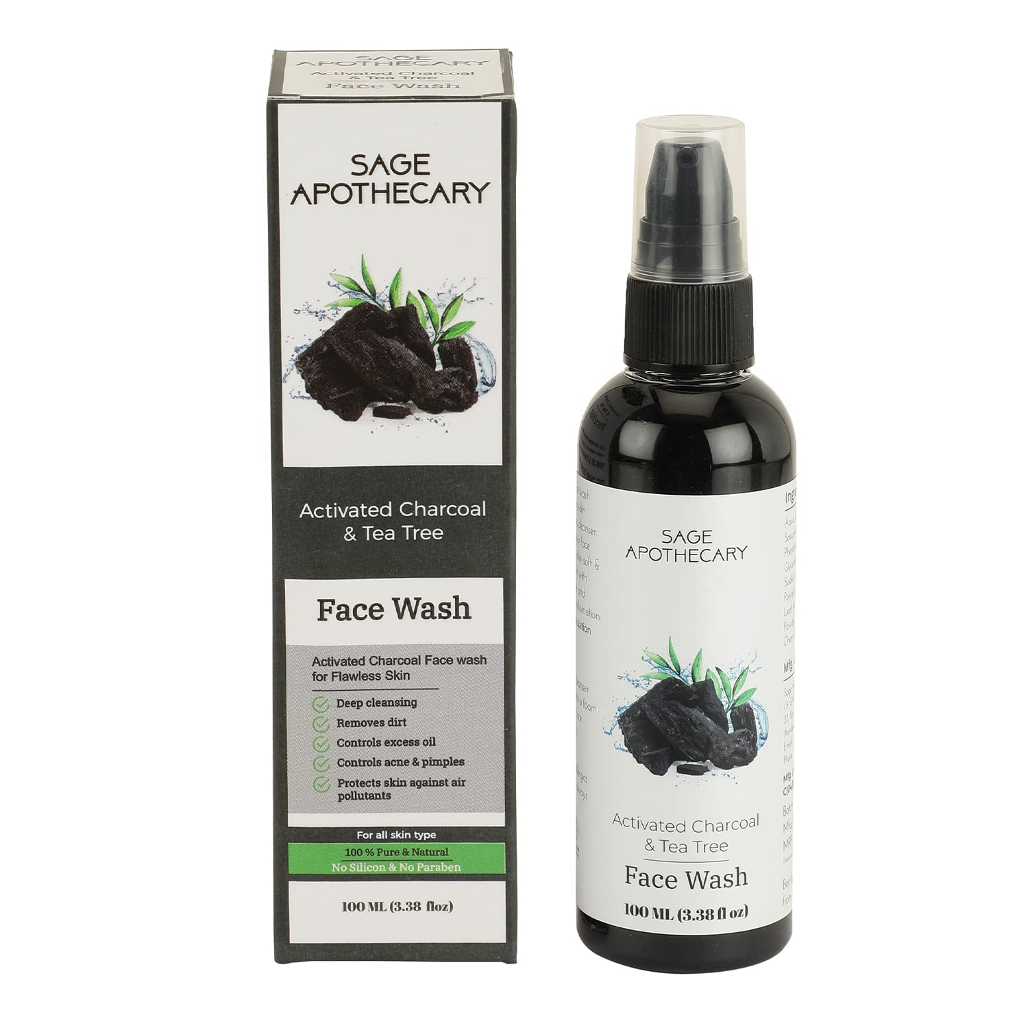 Sage Apothecary 100% Natural Charcoal, Aloe Vera & Tea Tree Face Wash for Deep Cleansing & Acne Control - Oil-Free, Pimple Treatment for Men & Women (100ml) | Perfect for Daily Skincare & Sensitive Skin