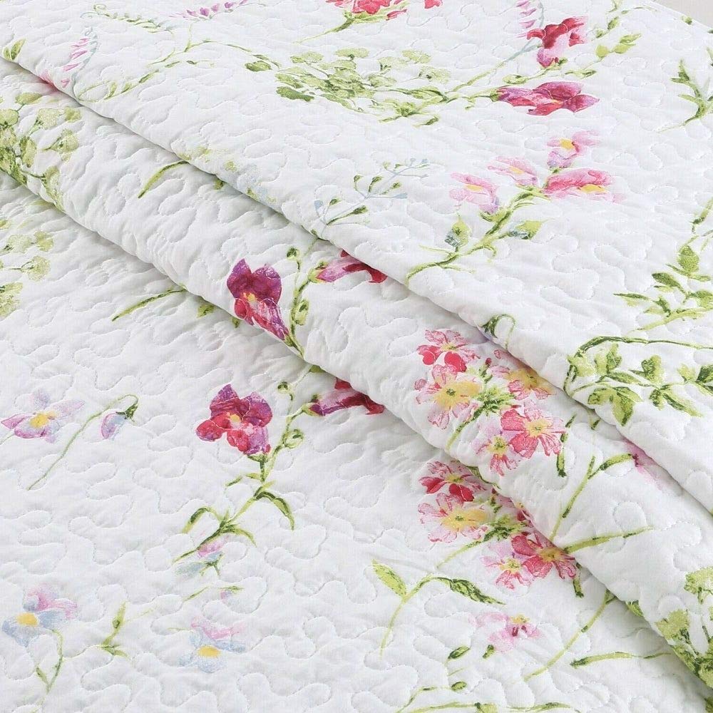 3 Piece Lightweight Floral Quilt Set - Reversible Farmhouse Bedding with Botanical Leaf Pattern, All Season King Size (White/Green) for Cozy Bedroom Decor | Perfect for Guest Rooms, Master Bedrooms & Vacation Homes