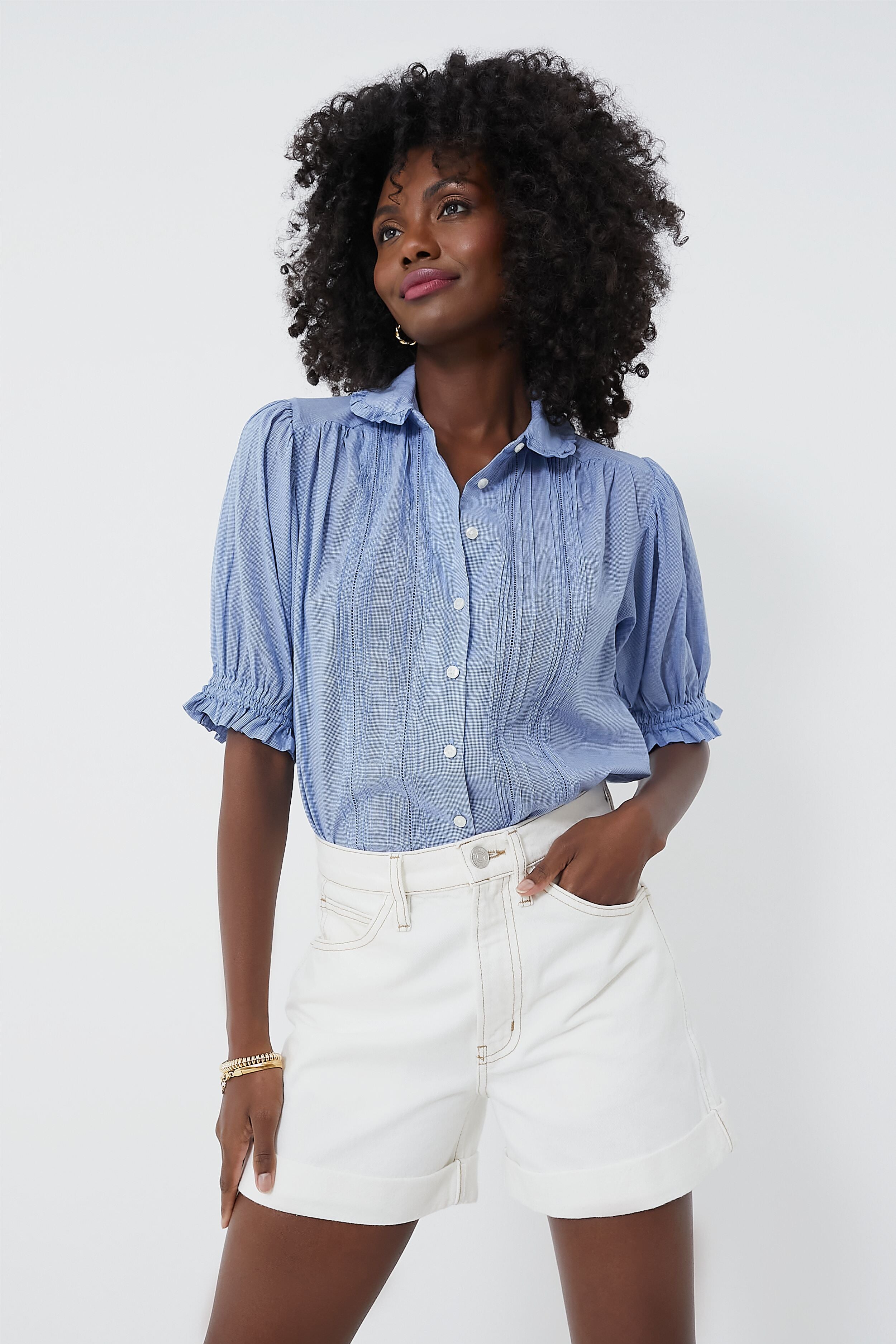 Blue Houndstooth Gemma Blouse for Women - Elegant Vintage Style Button Up Shirt - Perfect for Office, Date Night & Special Occasions