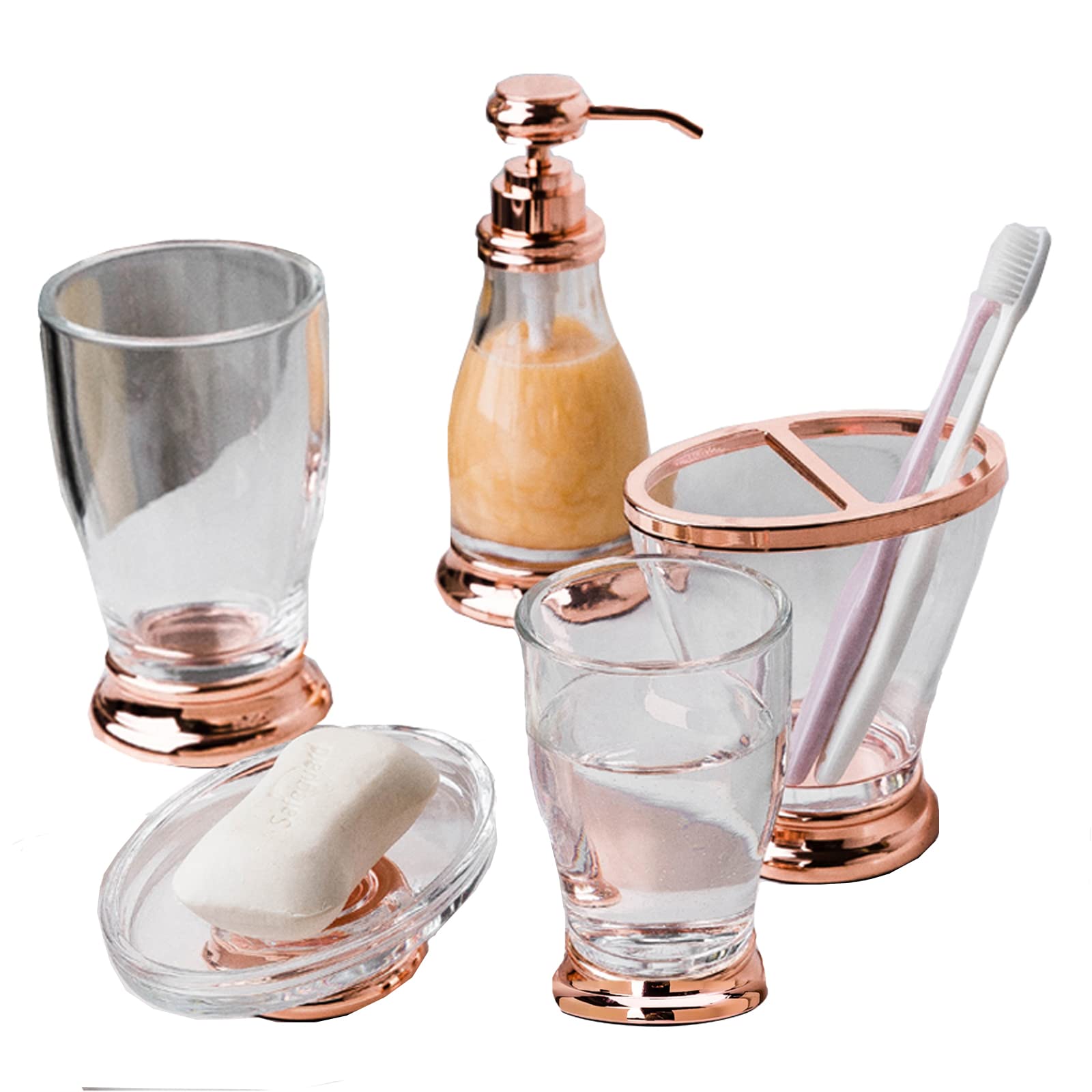 5-Piece Rose Gold Bathroom Accessory Set - Includes Soap Dispenser, Toothbrush Holder, Tumbler & Soap Dish | Modern Bathroom Decor for Home, Hotel & Spa