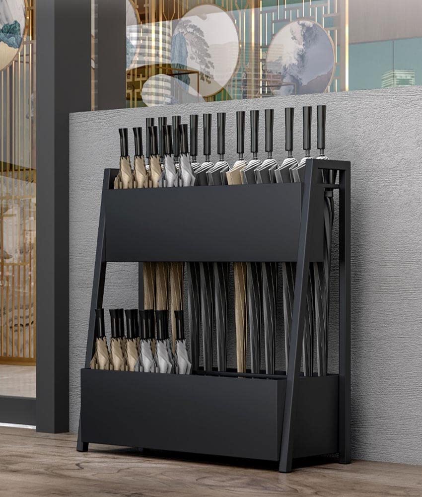 Large Capacity Commercial Umbrella Stand Holder - Heavy Duty Metal Umbrella Rack for Hotels, 4S Shops, Shopping Malls & Schools (48x26x58cm, Black) - Indoor/Outdoor Waterproof Umbrella Storage Solution for Entryways, Lobbies & Public Spaces