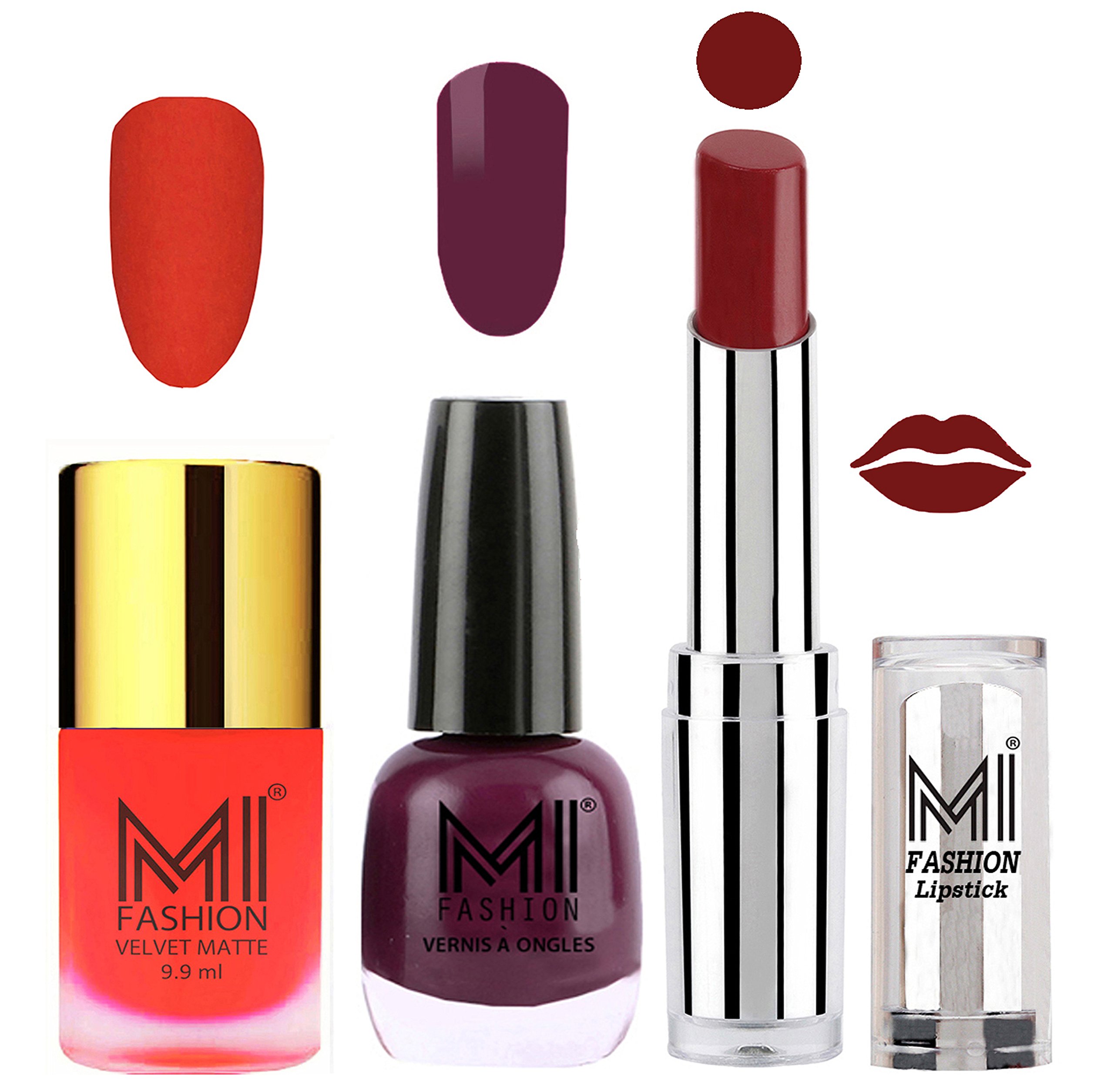 MI Fashion Matte Orange & Shiny Dark Purple Nail Polish with Maroon Rebel Lipstick Set - 3-Piece Nail & Lip Combo for Parties, Date Nights & Special Occasions