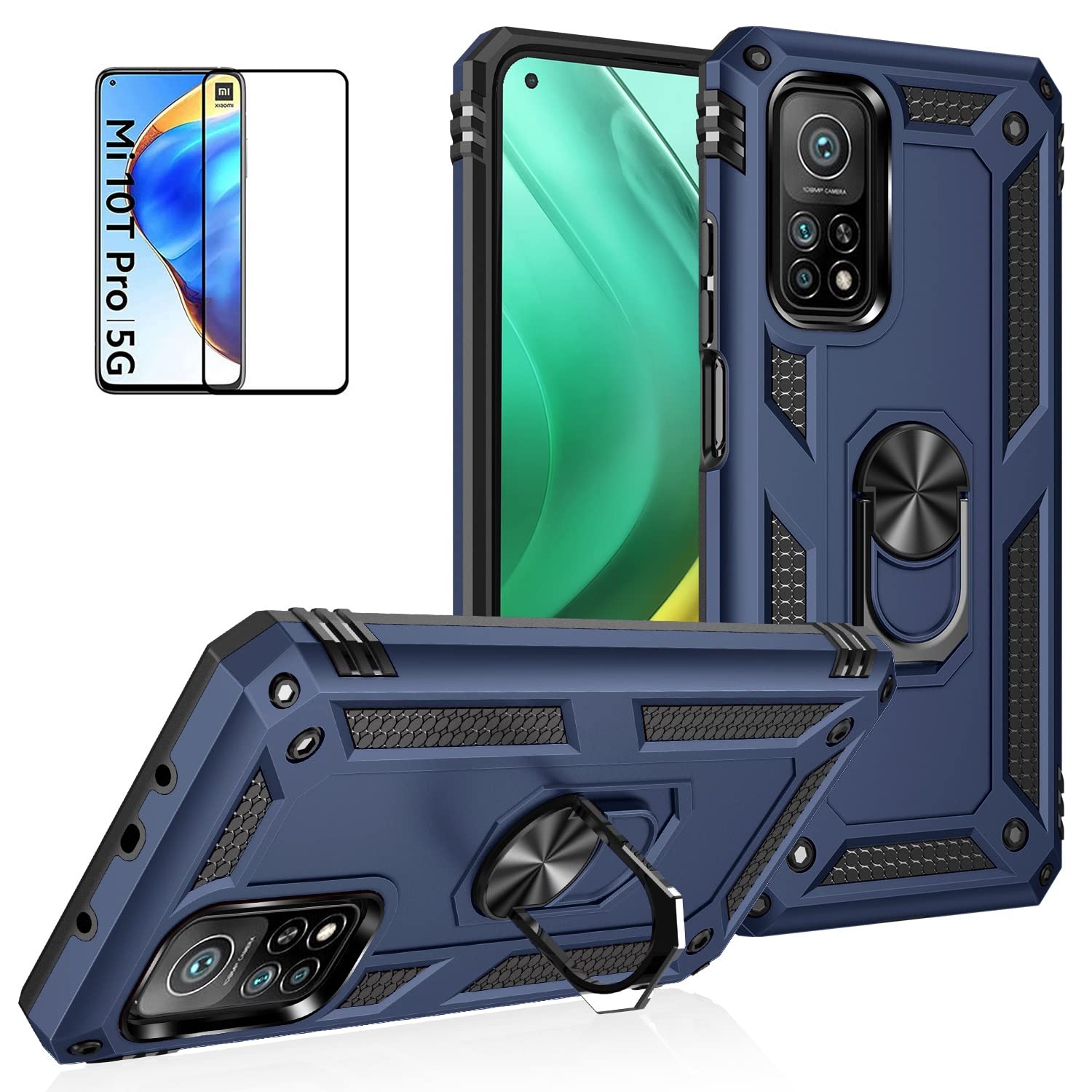 Shockproof Armor Case for Xiaomi Mi 10T Pro 5G/Mi 10T 5G with Built-in Screen Protector & Ring Kickstand - Military Grade Slim Protective Cover (Blue) - Perfect for Outdoor Activities, Travel, and Daily Protection