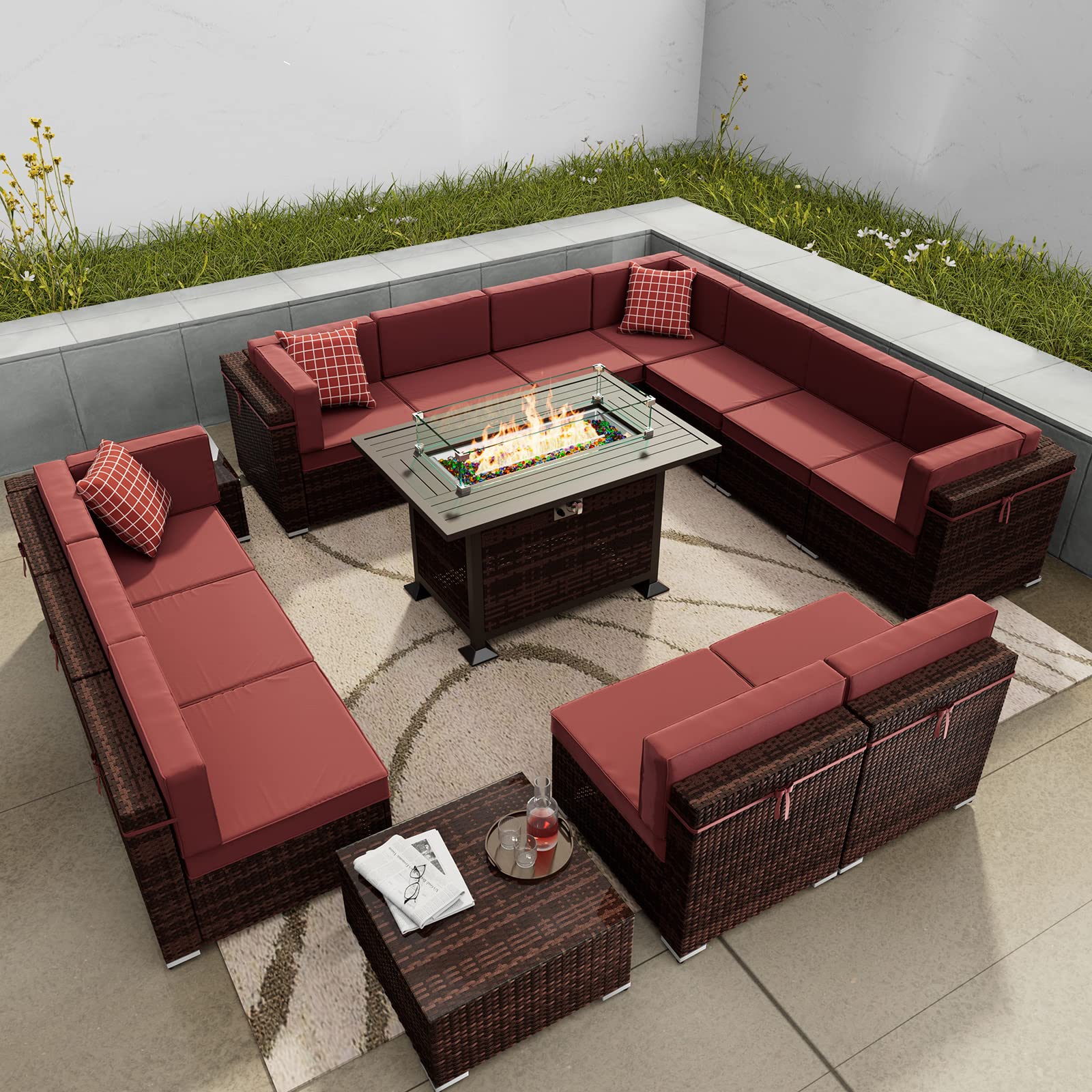 15-Piece Outdoor Patio Furniture Set with Gas Fire Pit Table - Waterproof Red Sectional Sofa, 44