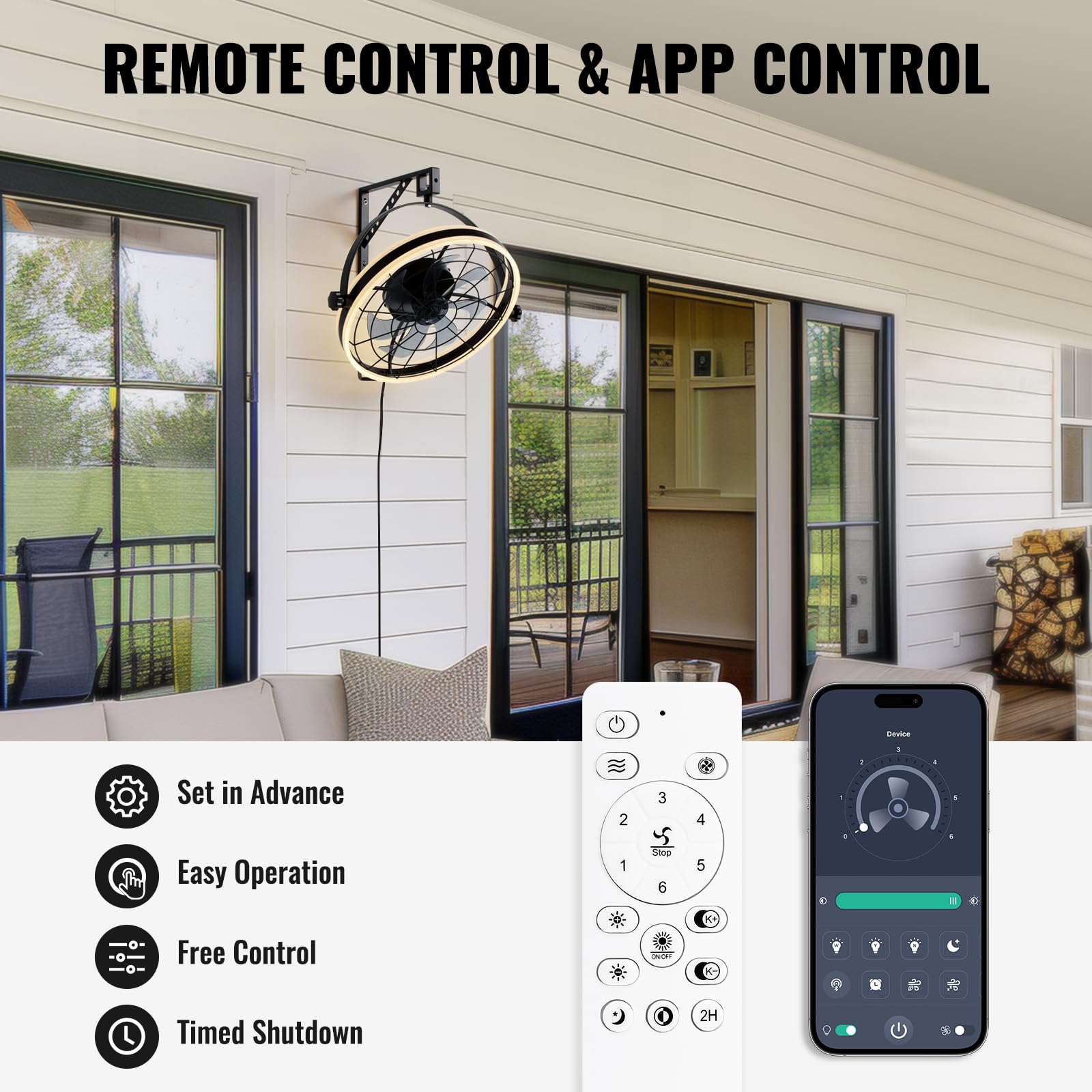 Siljoy 21 Inch Wall Mounted Fan with LED Lights - 6-Speed Remote Control Indoor Fan with Timer - Plug-in Wall Fan for Bedroom, Patio, Garage, Warehouse & Greenhouse - Perfect for Cooling & Air Circulation in Homes, Offices & Commercial Spaces