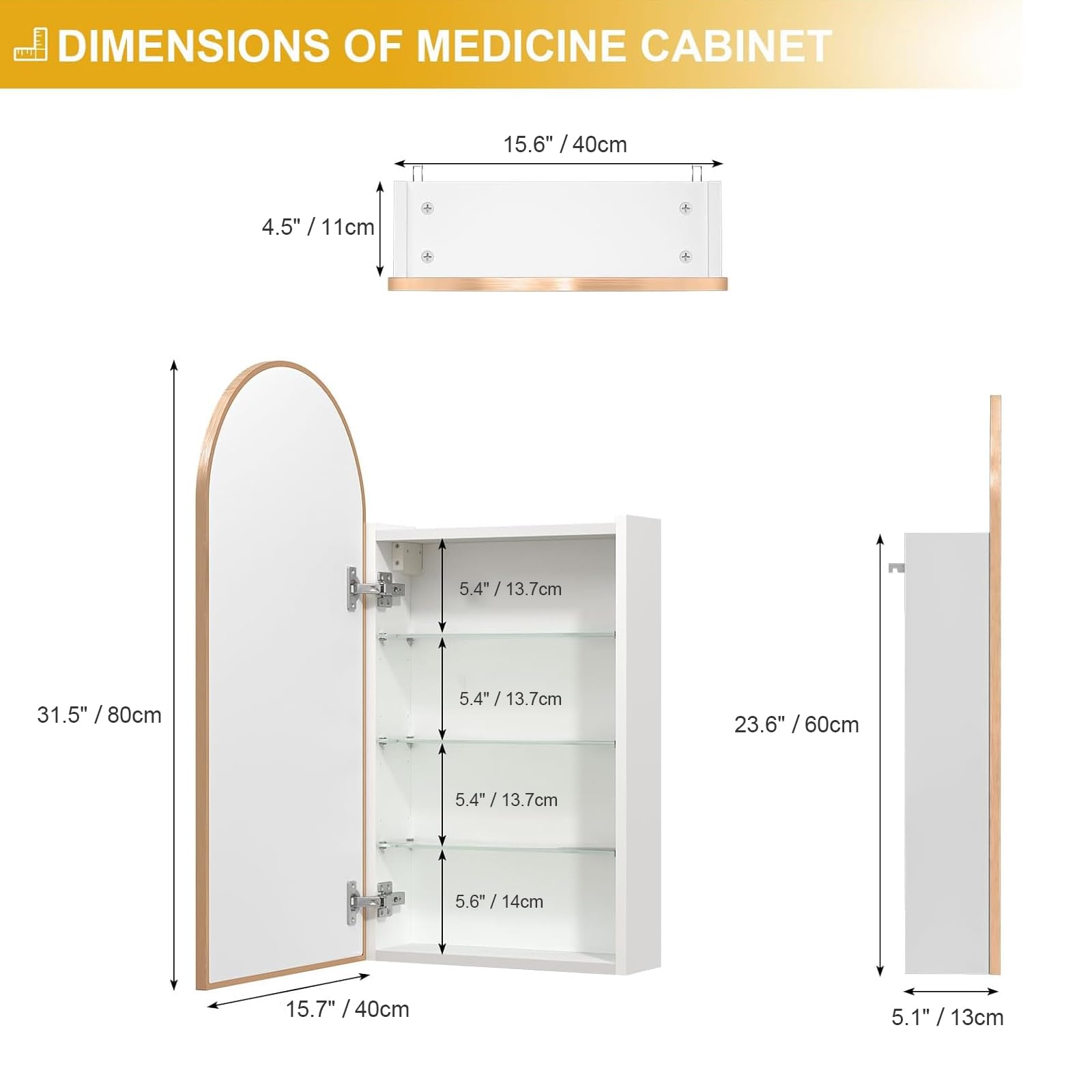 Arched Medicine Cabinet with Mirror - 3 Adjustable Shelves, Wall Mounted Bathroom Storage (16x31 Inch) - Perfect for Small Bathrooms, Vanities & Powder Rooms