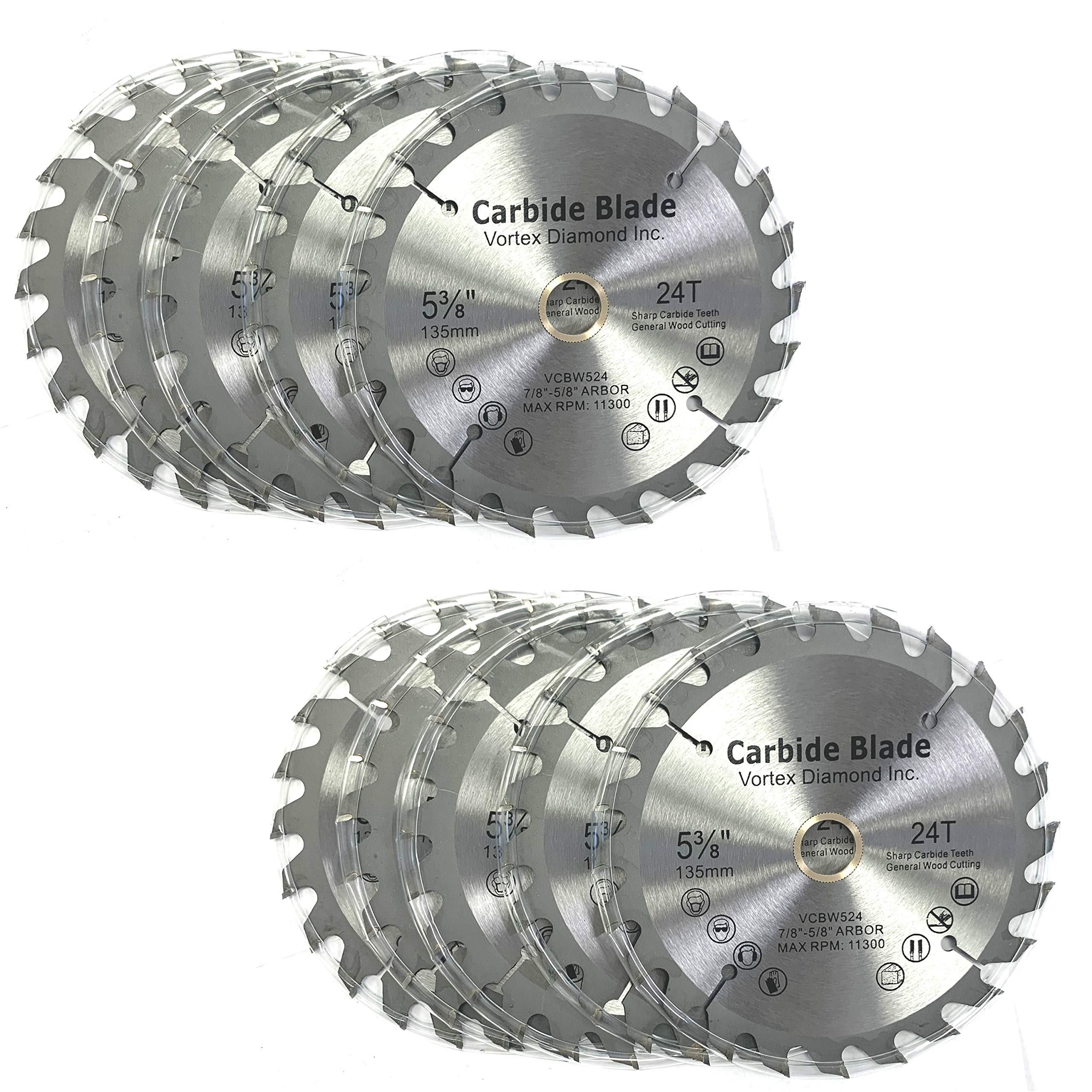 10 Pack VORTEX DIAMOND VWB 5-3/8 Inch 24 Teeth TCT Circular Saw Blades for Hardwood & Softwood Cutting - Perfect for DIY Projects, Woodworking, and Construction Use