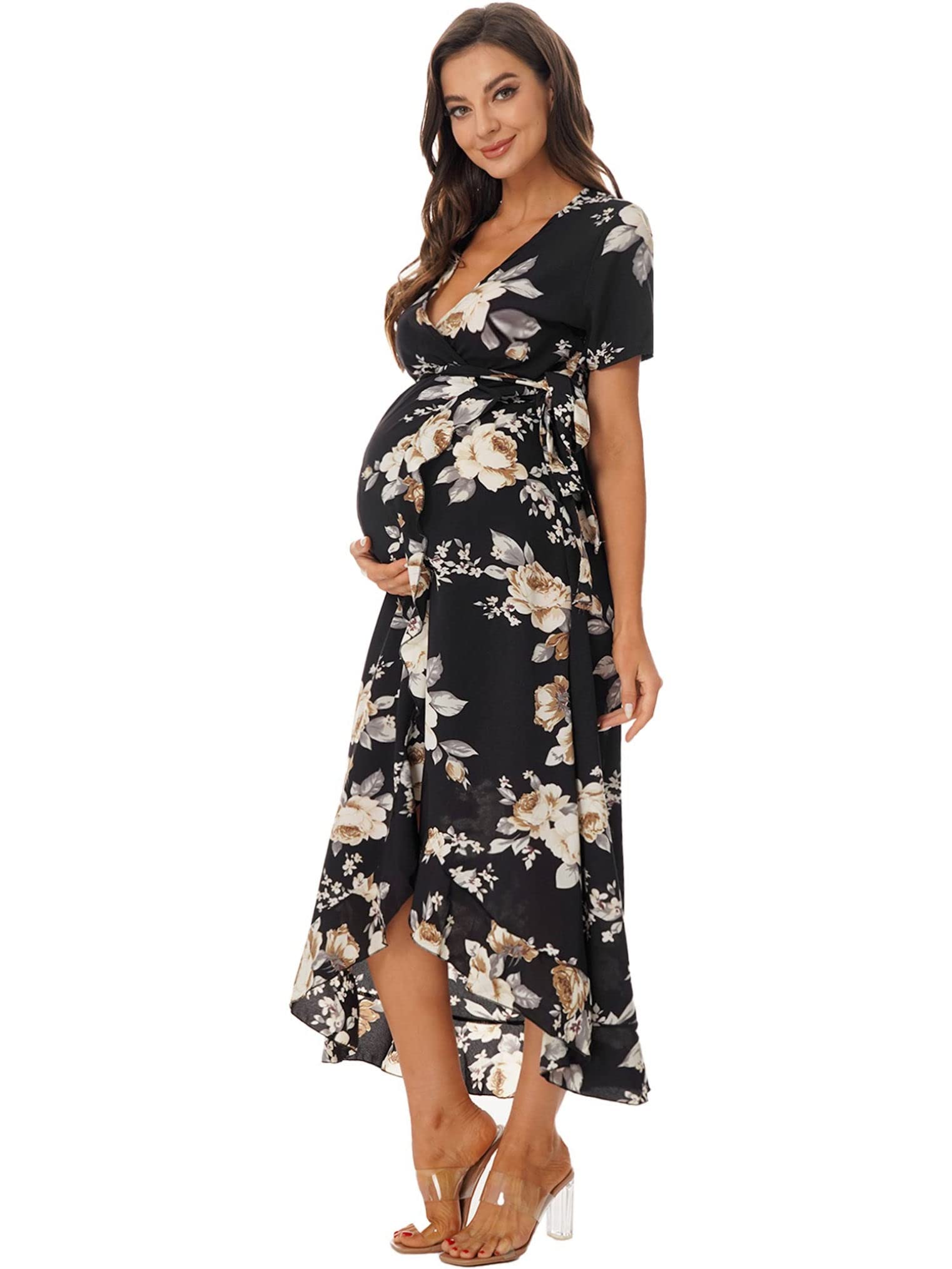 Freebily Women's Maternity Photography Dress - Bohemian Floral Wrap V-Neck Short Sleeve Dress with Belt for Pregnancy Photoshoot & Baby Shower