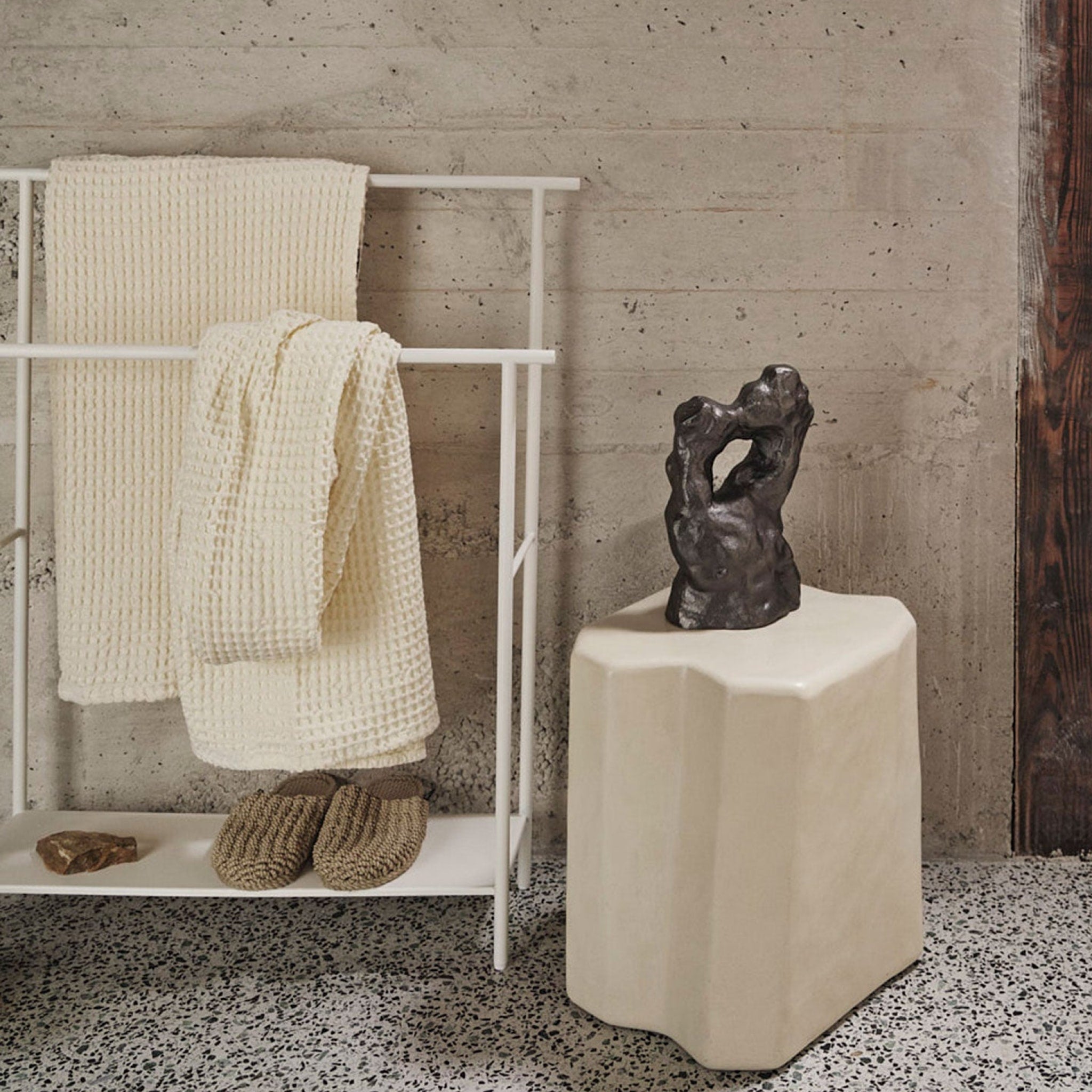 FERM LIVING Dora Towel Stand - Modern White Bathroom Organizer for Hand & Bath Towels | Perfect for Spa, Hotel & Home Decor