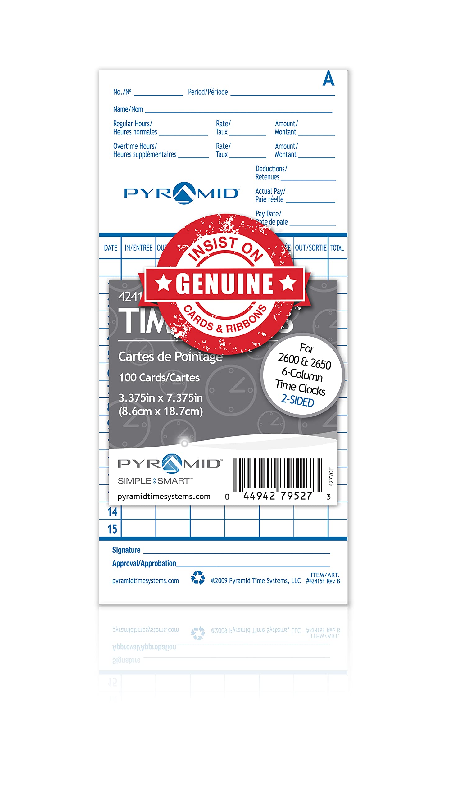 1000 Genuine Pyramid Time Cards 42415FMB for 2600 & 2650 Time Clocks - French Language - Perfect for Employee Time Tracking & Payroll Management in Offices & Workplaces