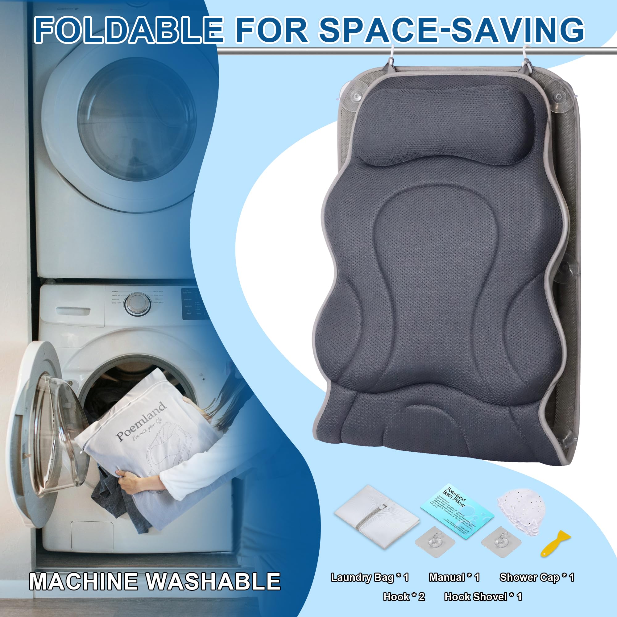 Premium Full Body Bath Pillow for Bathtub - Extra Large Spa Cushion with Lumbar Support, Non-Slip Bathtub Mat for Ultimate Relaxation & Safety - Perfect Spa Gift for Women & Men (Gray) - Ideal for Bubble Baths, Hydrotherapy & Home Spa Days